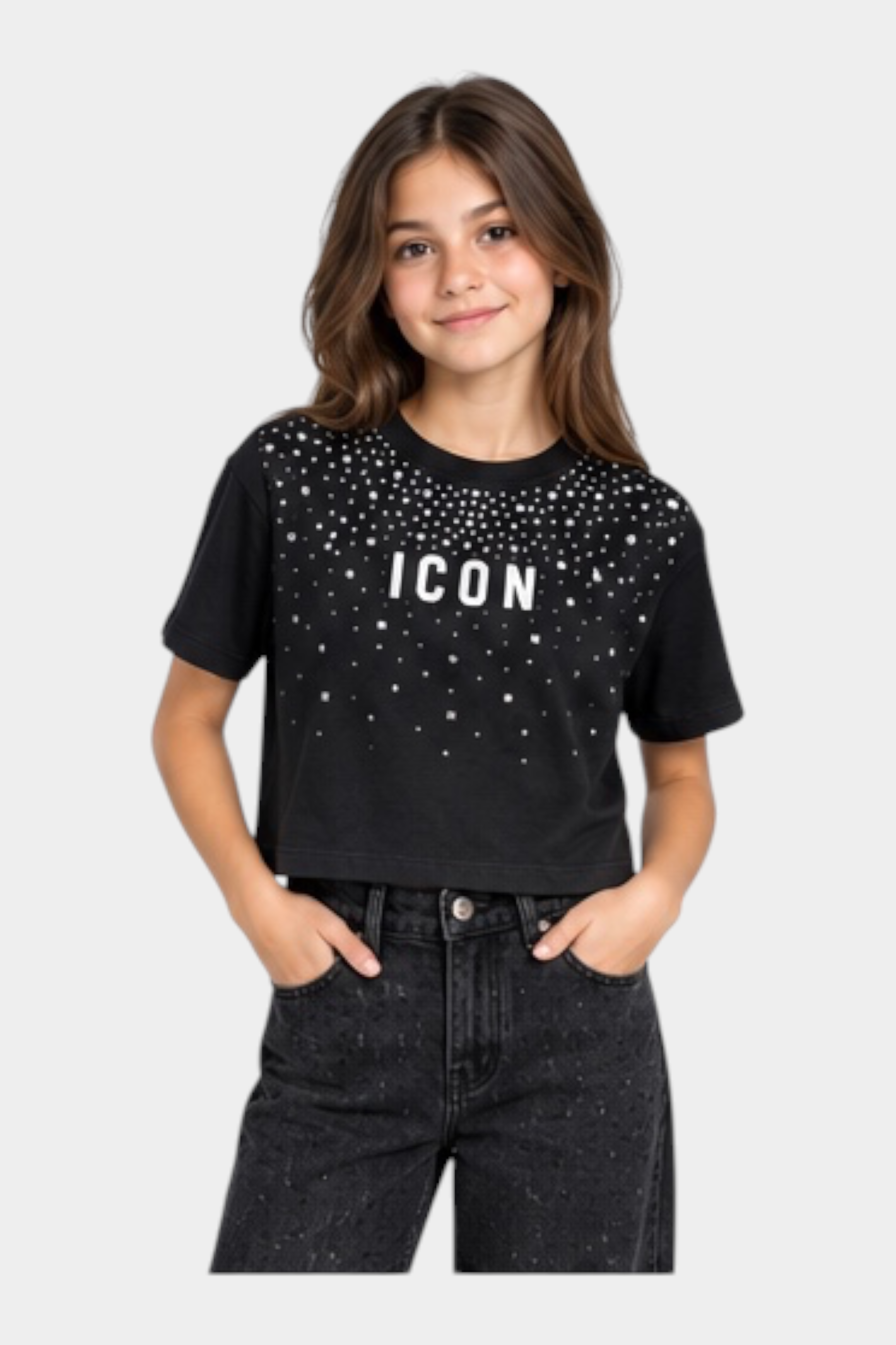 T-shirt crop nera Follower SRL per bambina con scritta ICON bianca e decorazioni di strass luminosi sul petto