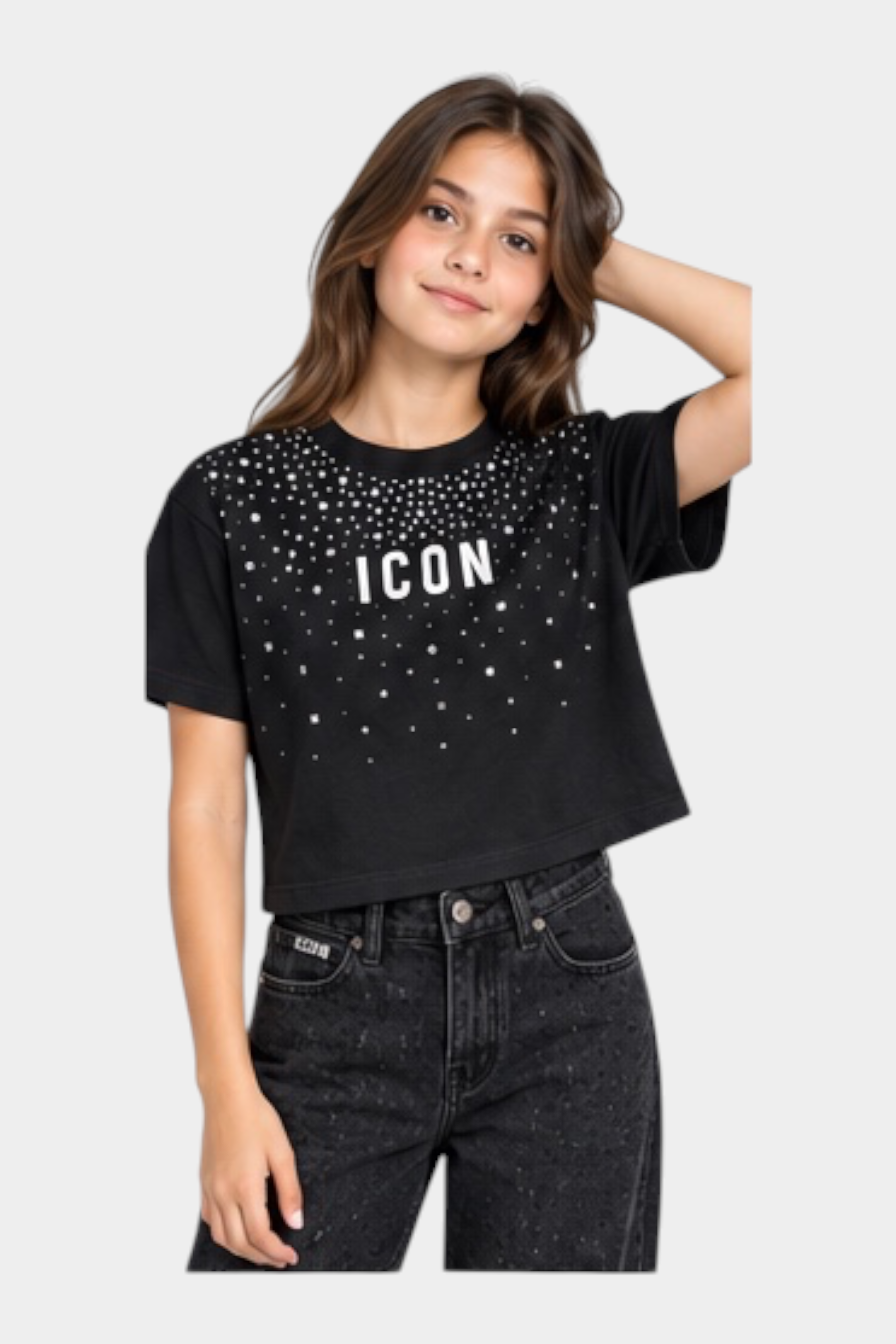 T-shirt crop nera Follower SRL per bambina con scritta ICON e decorazioni di strass luminosi sul petto