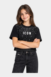 T-shirt crop nera Follower SRL per bambina con scritta ICON e decorazioni di strass luminosi sul petto