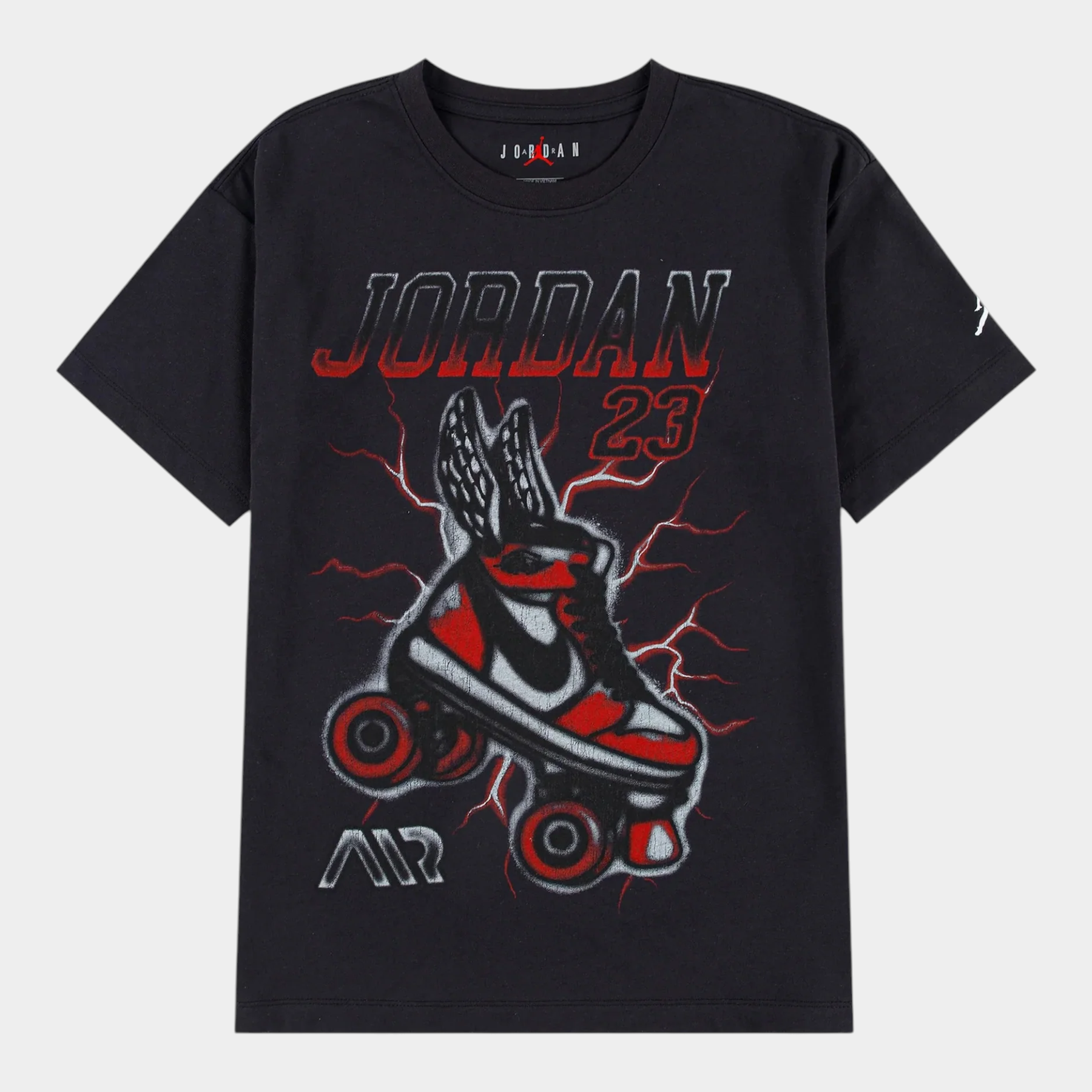 T-shirt nera Follower SRL Jordan in cotone con stampa grafica di pattini a rotelle e logo 23