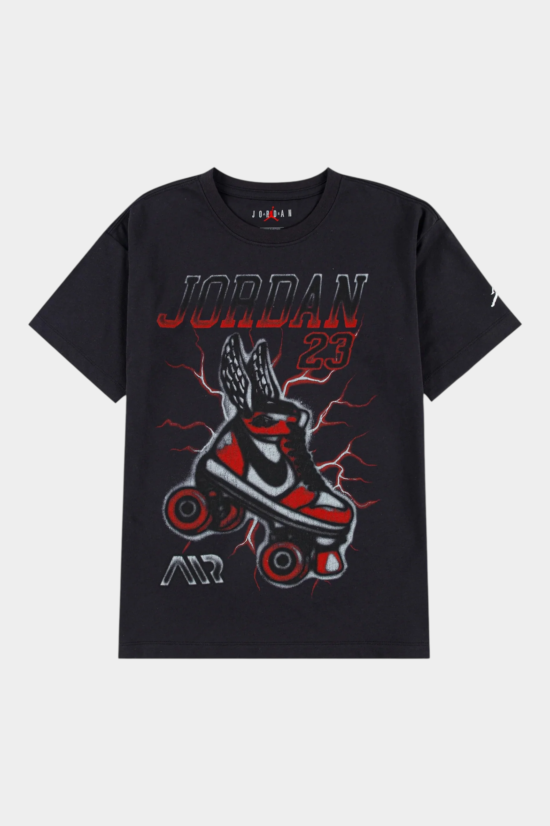 T-shirt nera Follower SRL Jordan in cotone con stampa grafica di pattini a rotelle e logo 23