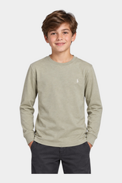 Bambino indossa una t-shirt a maniche lunghe beige Follower SRL con logo iconico ricamato sul petto