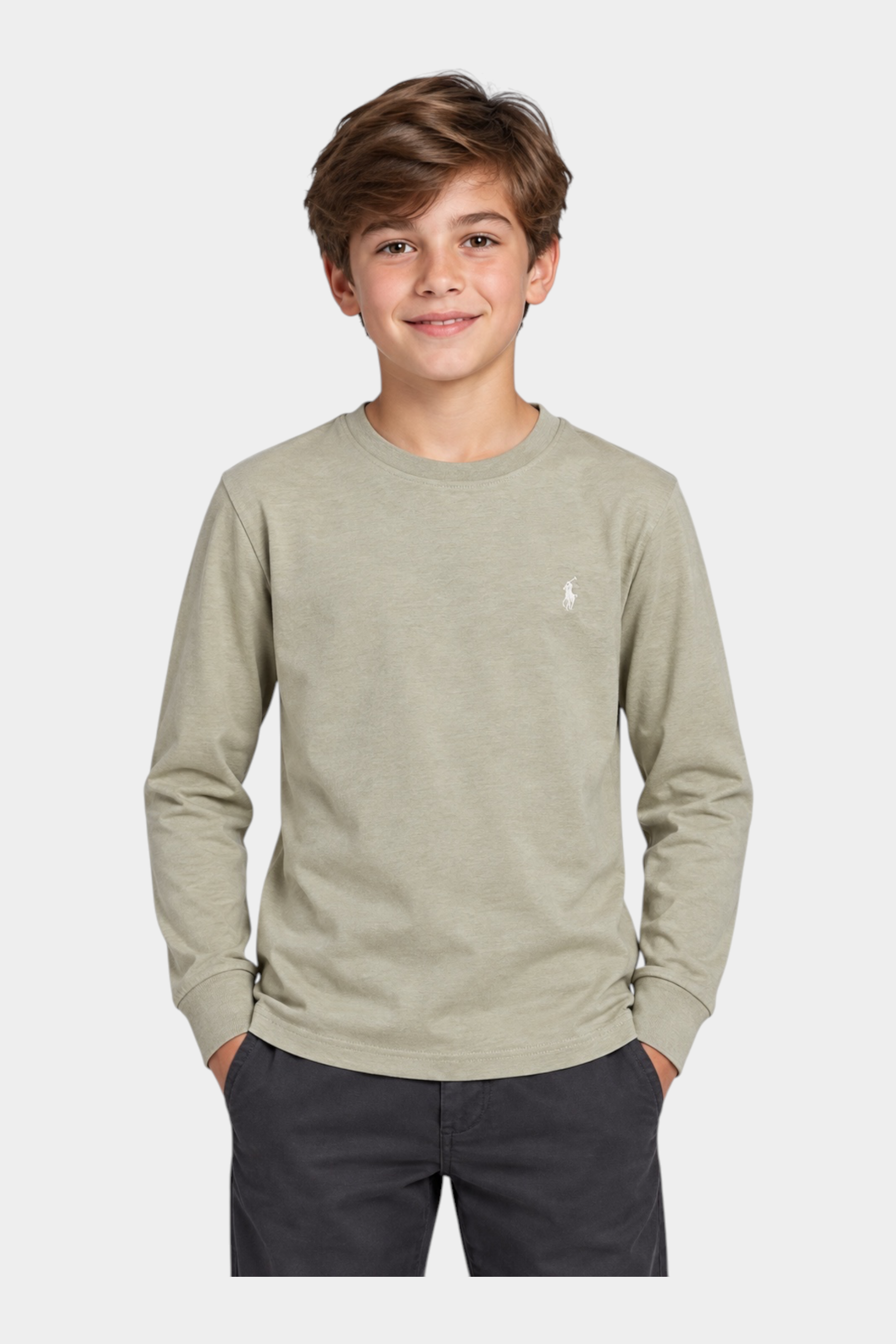 Bambino indossa una t-shirt a maniche lunghe beige Follower SRL con logo iconico ricamato sul petto