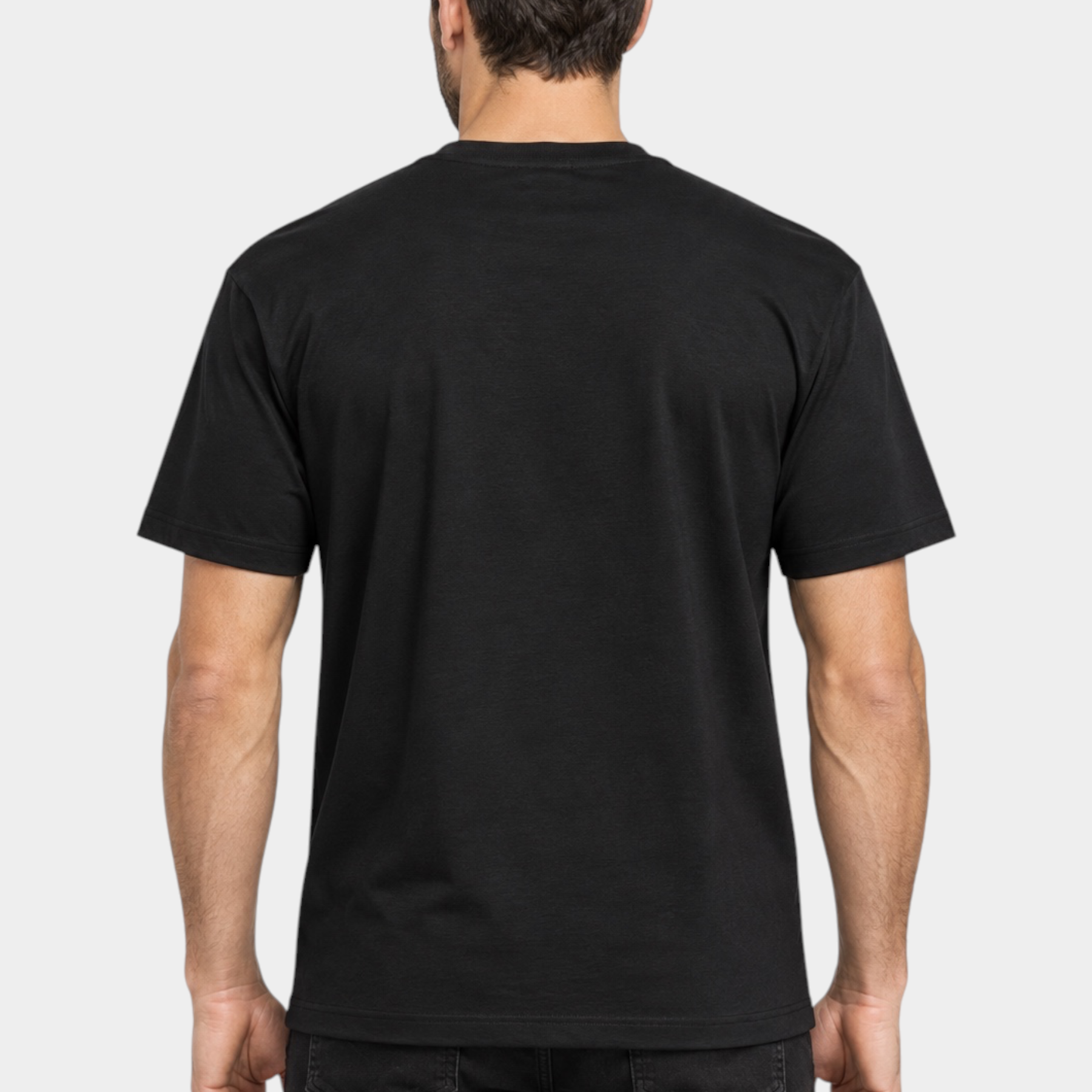 Vista posteriore di una t-shirt nera Follower SRL in misto cotone e modal, design iconico Made in Italy