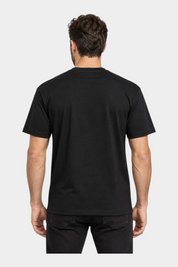 Vista posteriore di una t-shirt nera Follower SRL in misto cotone e modal, design iconico Made in Italy