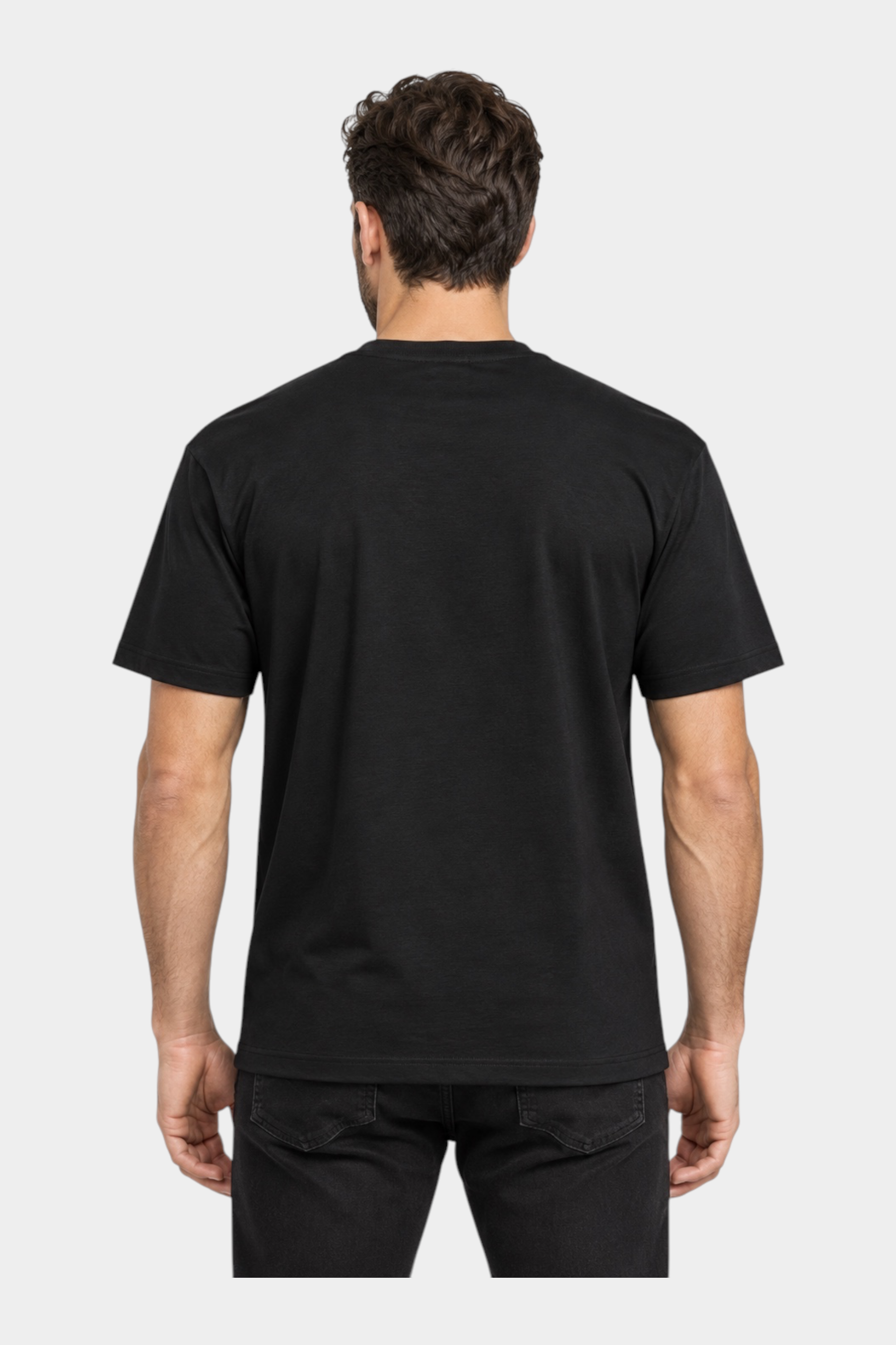 Vista posteriore di una t-shirt nera Follower SRL in misto cotone e modal, design iconico Made in Italy