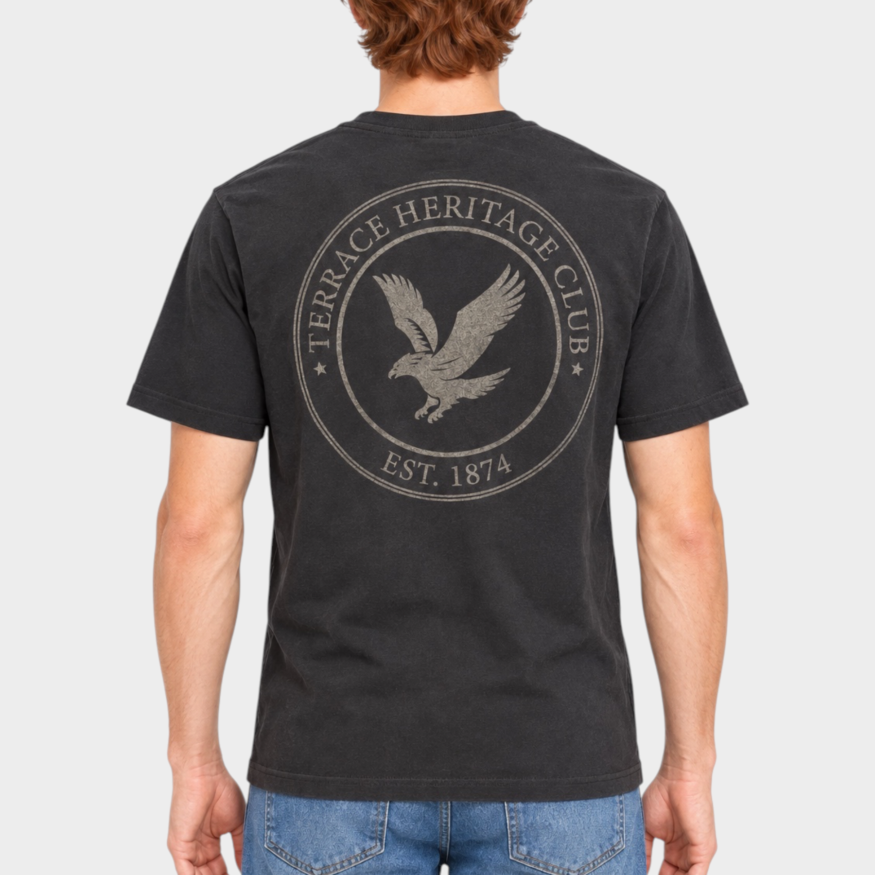 T-shirt nera da uomo Follower SRL con stampa grafica circolare retro e logo aquila sulla schiena