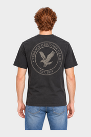 T-shirt nera da uomo Follower SRL con stampa grafica circolare retro e logo aquila sulla schiena