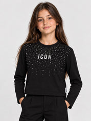 T-shirt nera a maniche lunghe Follower SRL per bambina con decorazione di strass e scritta ICON sul petto