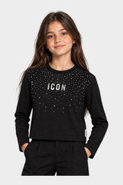 T-shirt nera a maniche lunghe Follower SRL per bambina con decorazione di strass e scritta ICON sul petto