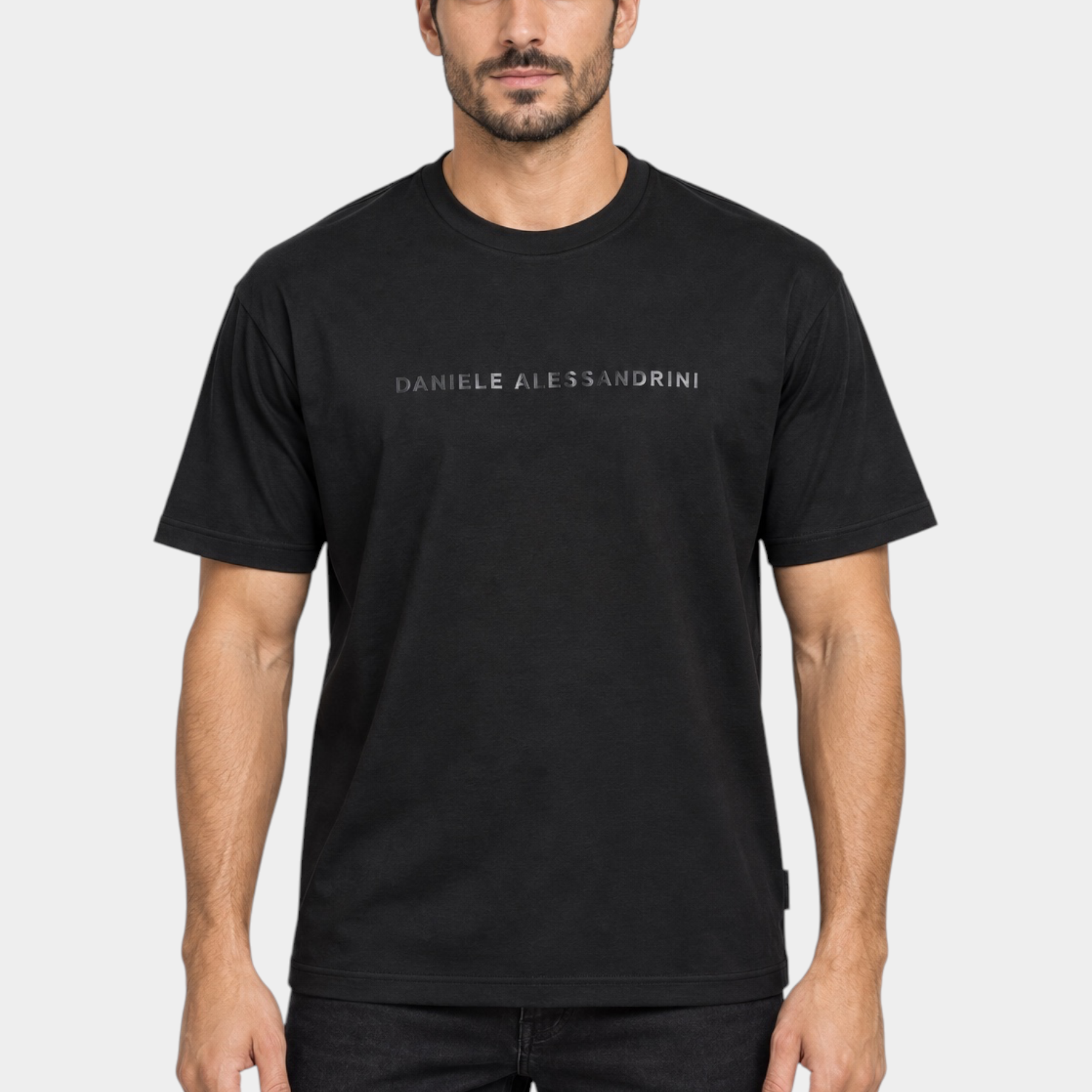 T-shirt nera da uomo Follower SRL in misto cotone e modal con logo Daniele Alessandrini stampato sul petto