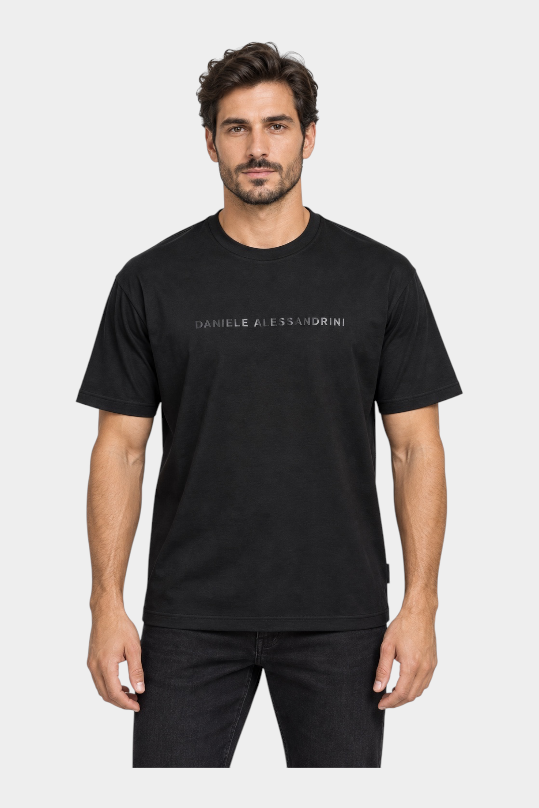 T-shirt nera da uomo Follower SRL in misto cotone e modal con logo Daniele Alessandrini stampato sul petto