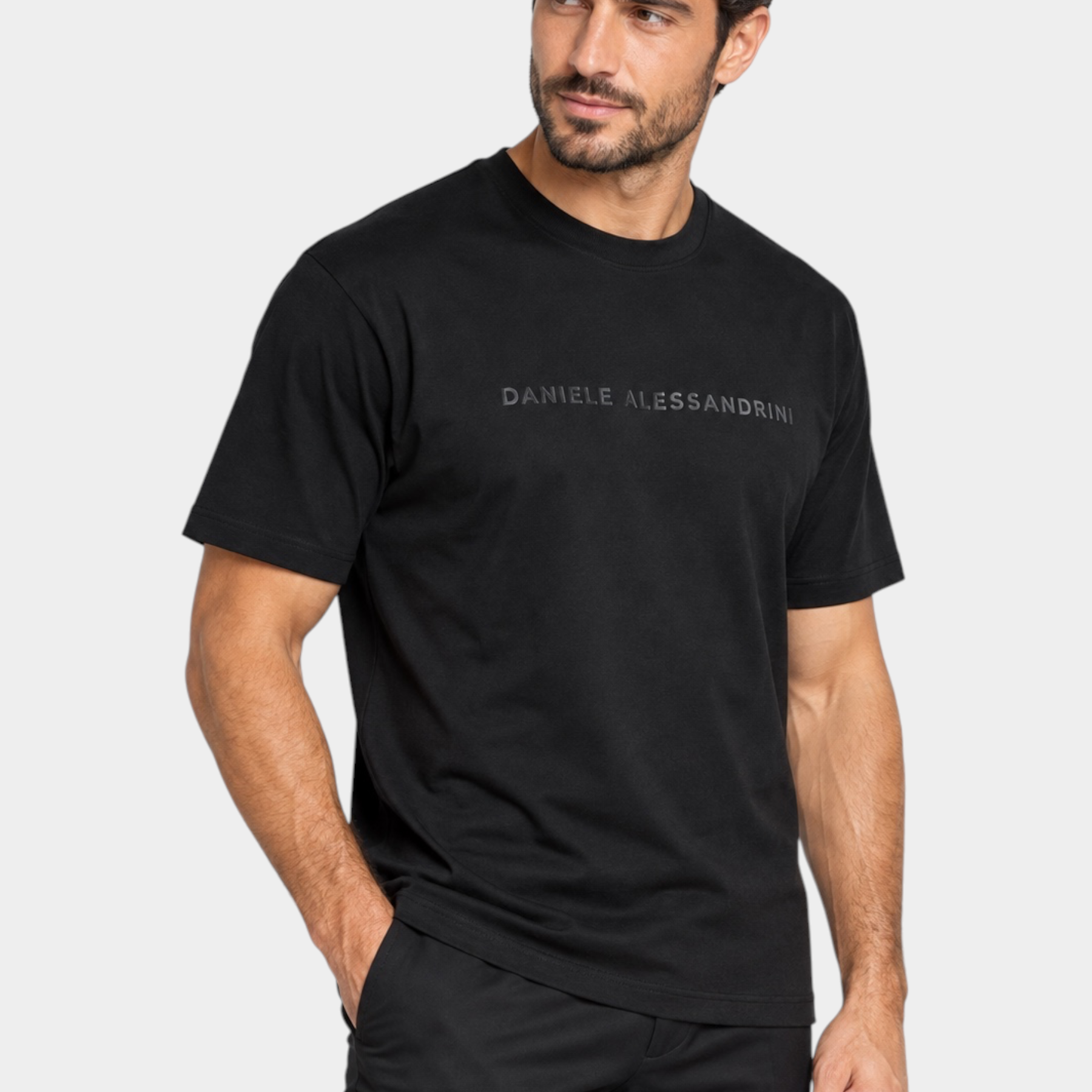 T-shirt nera da uomo Follower SRL in misto cotone e modal con logo Daniele Alessandrini sul petto, Made in Italy