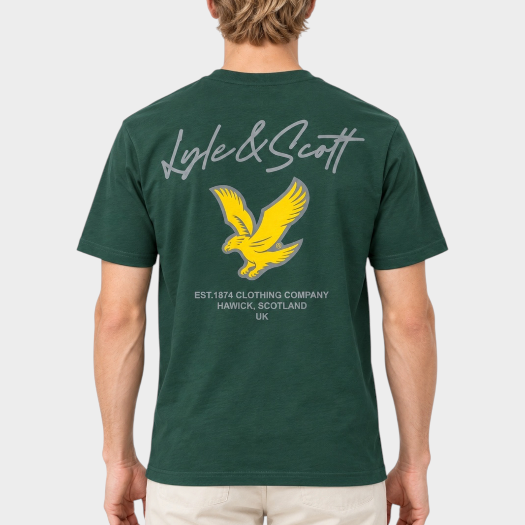 T-shirt verde Follower SRL Lyle & Scott da uomo con stampa grafica retro gialla e grigia sulla schiena