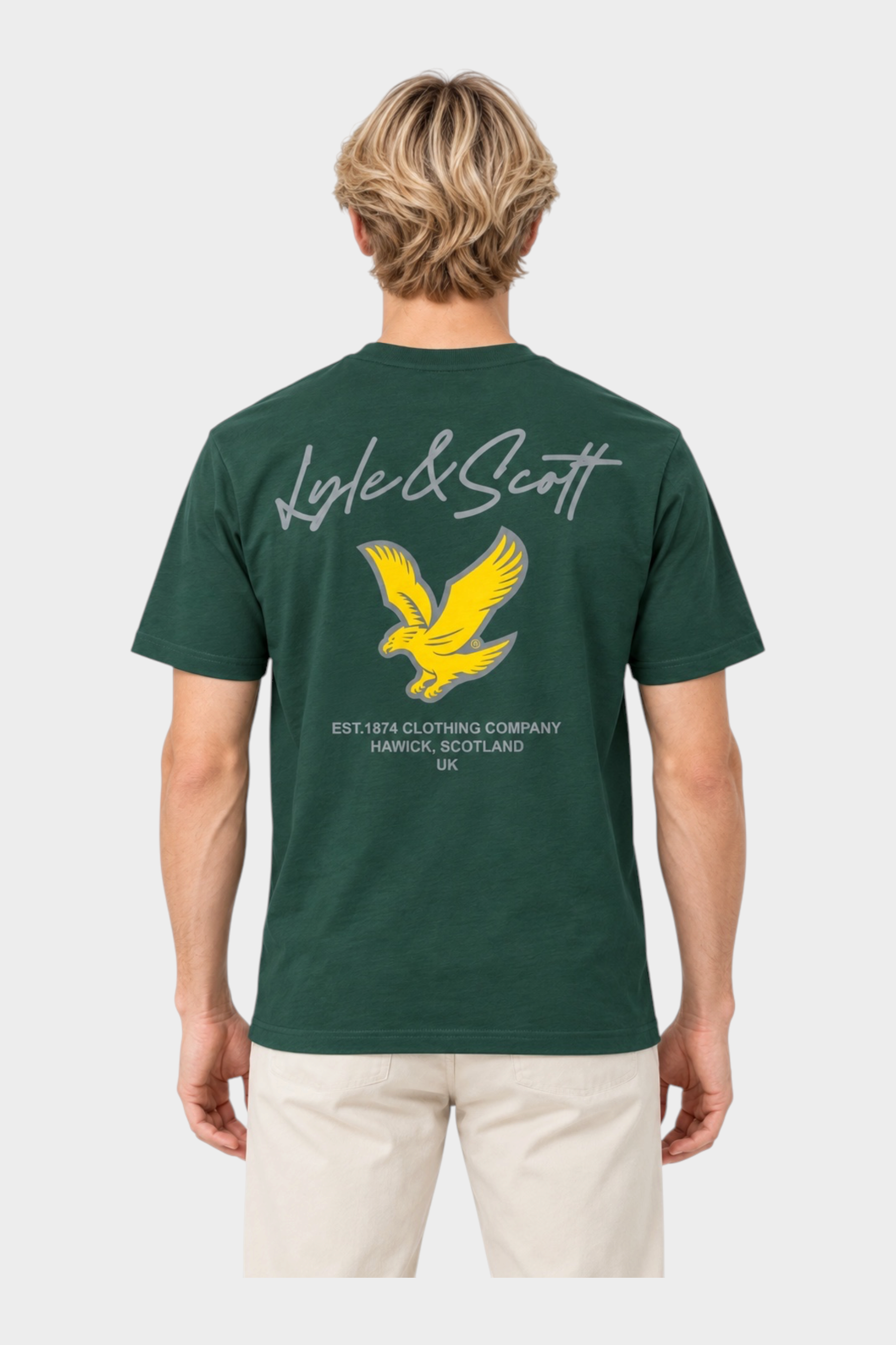 T-shirt verde Follower SRL Lyle & Scott da uomo con stampa grafica retro gialla e grigia sulla schiena