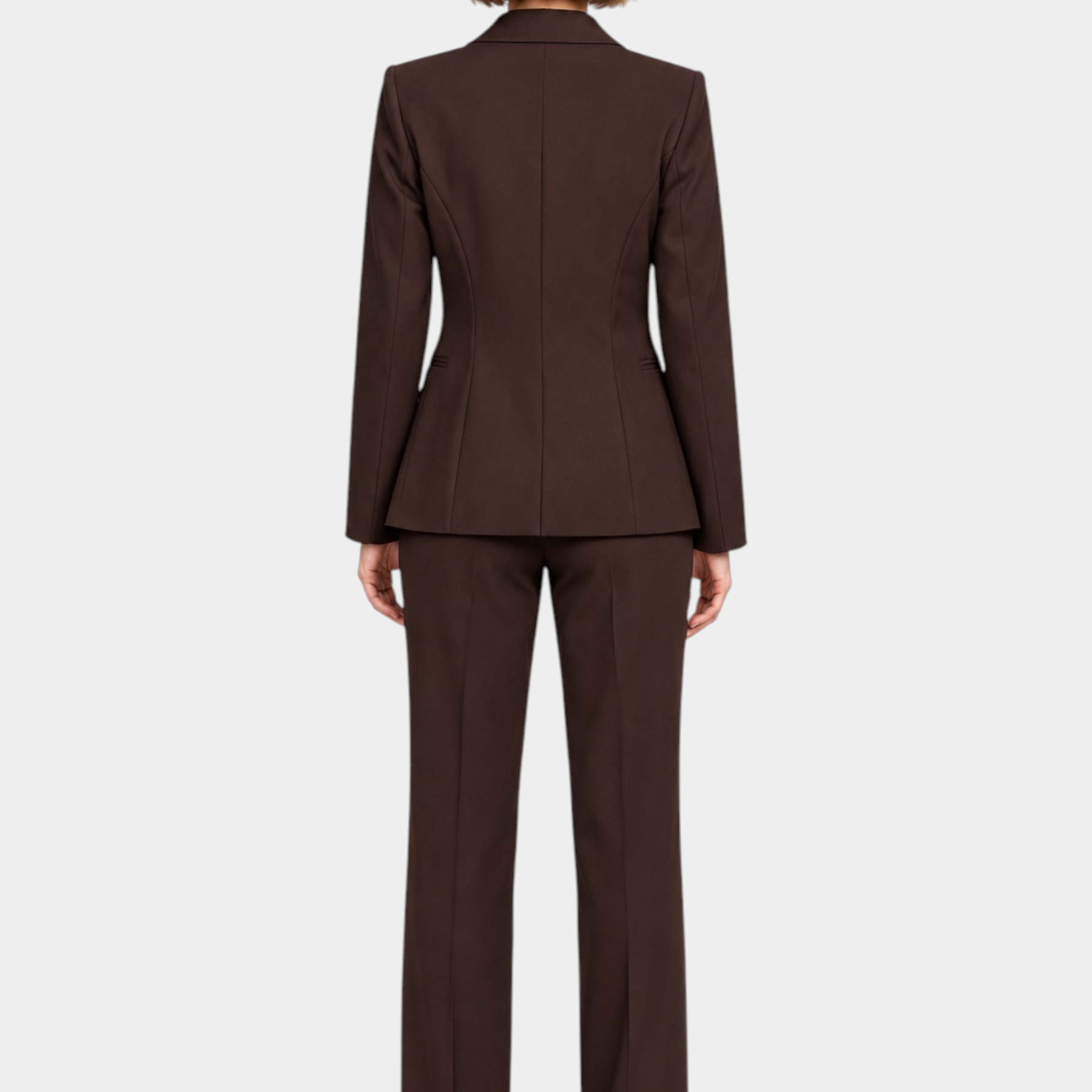 Vista posteriore di un tailleur da donna marrone Follower SRL con giacca strutturata e pantaloni dal taglio dritto