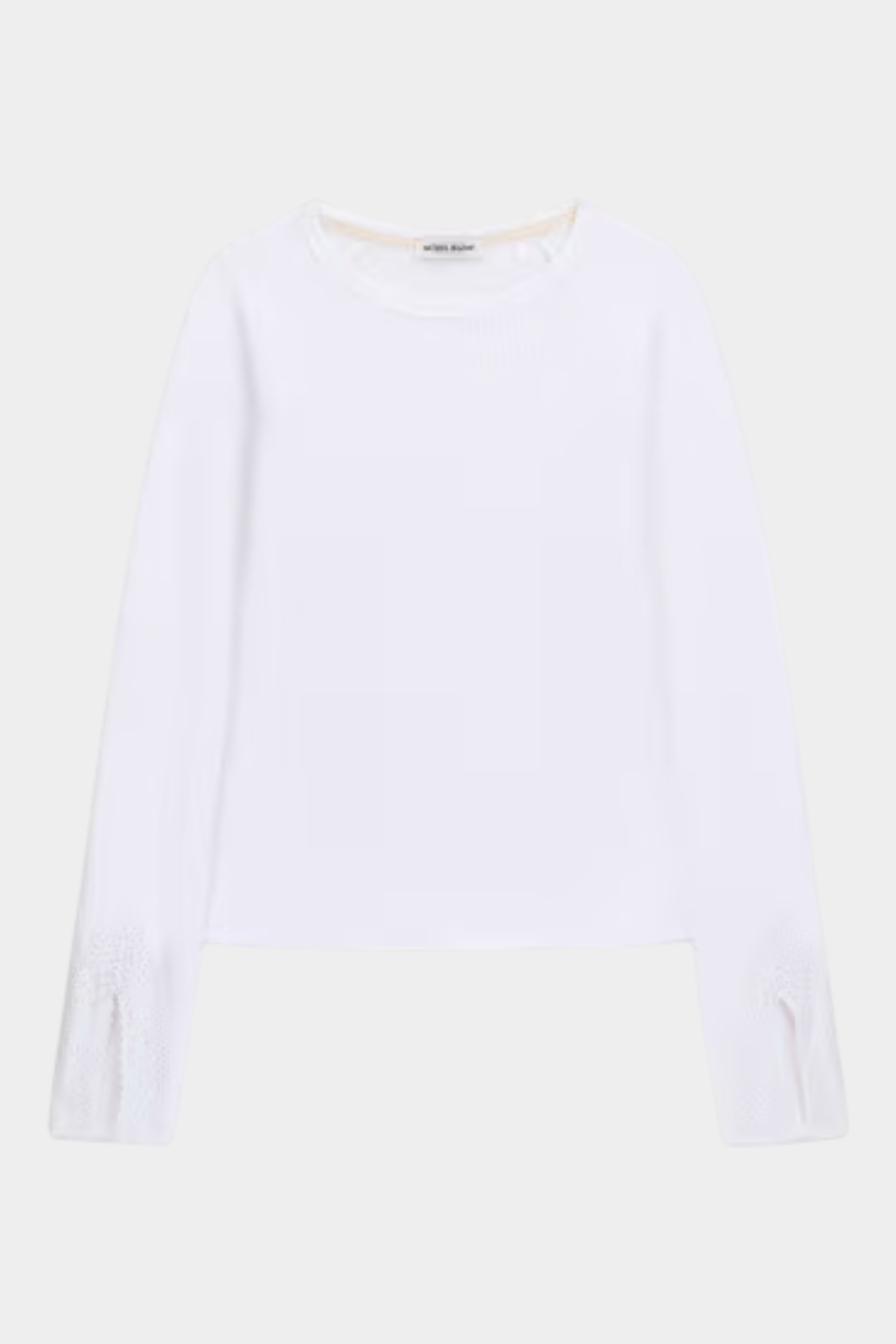 Top bianco a maniche lunghe GUESS con dettagli in pizzo sui polsini, proposto da Follower SRL