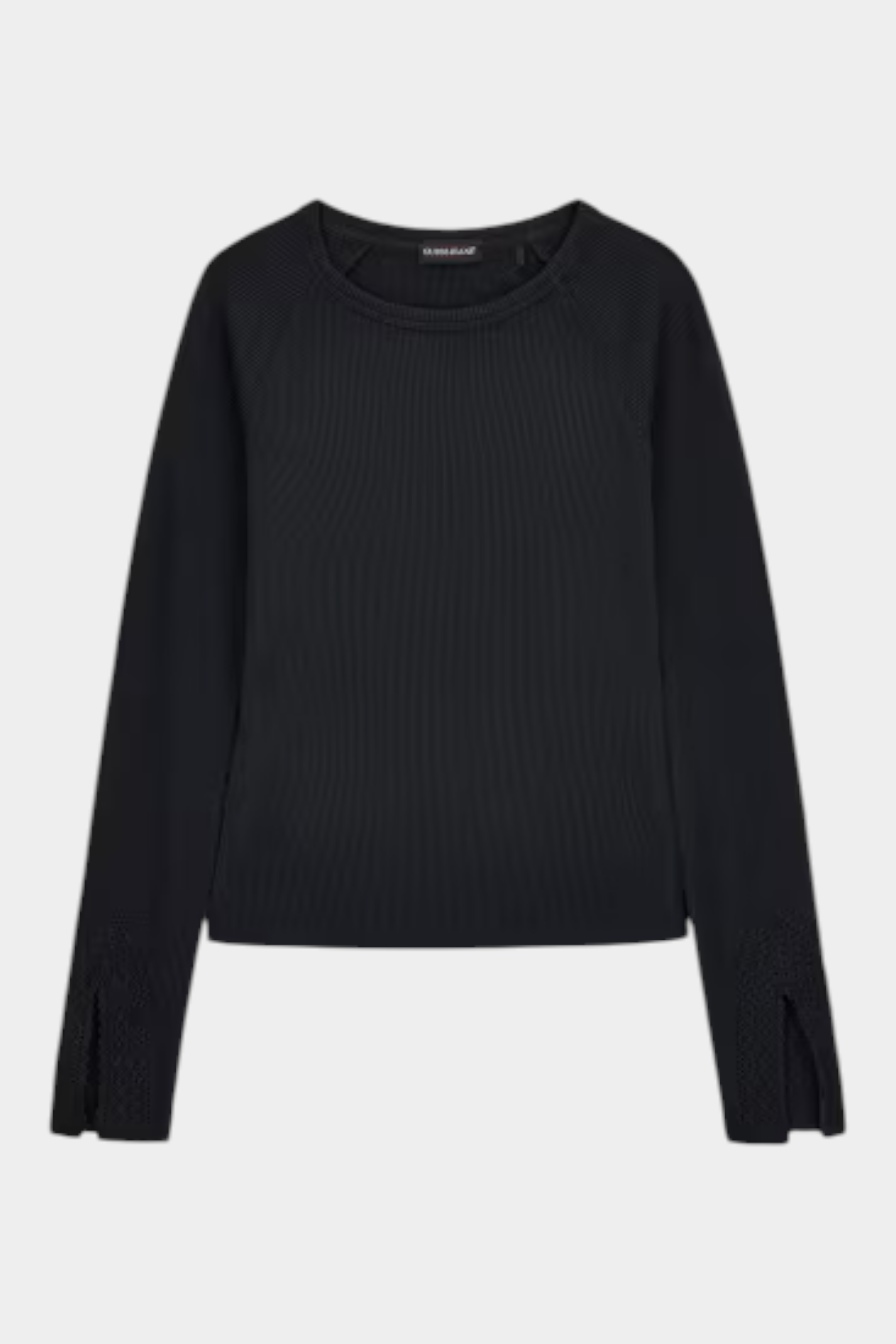 Top nero a maniche lunghe GUESS con dettagli in pizzo sui polsini, proposto da Follower SRL