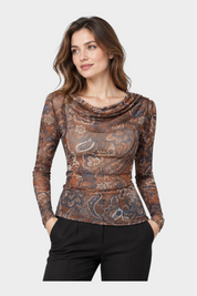Top Follower SRL a maniche lunghe in tessuto trasparente marrone con stampa paisley e scollo drappeggiato