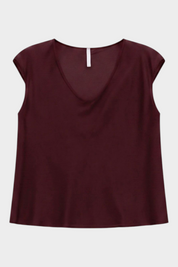Top da donna Follower SRL color viola scuro con ampio scollo a V e maniche corte in tessuto fluido
