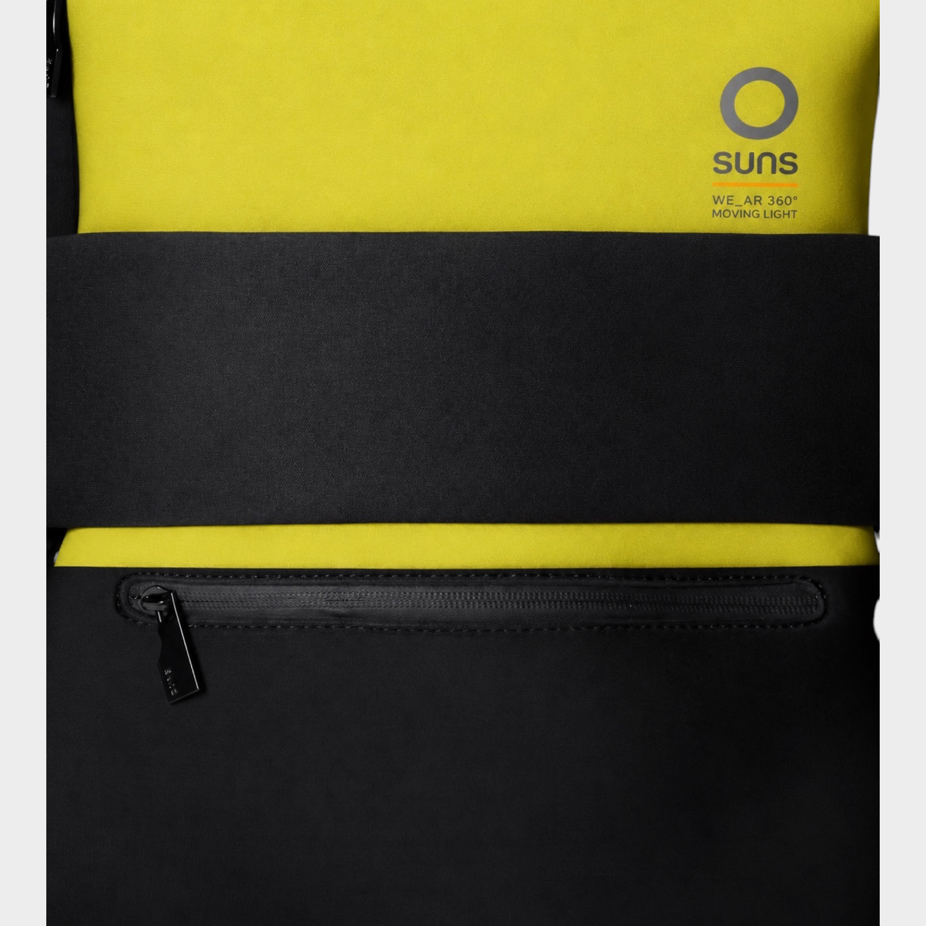 Zaino medium Follower SRL in neoprene giallo e nero con logo SUNS BOARDS e tasca frontale con zip