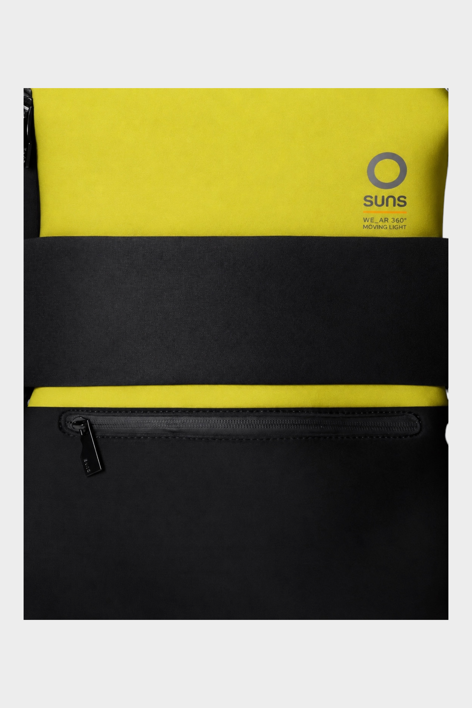 Zaino medium Follower SRL in neoprene giallo e nero con logo SUNS BOARDS e tasca frontale con zip