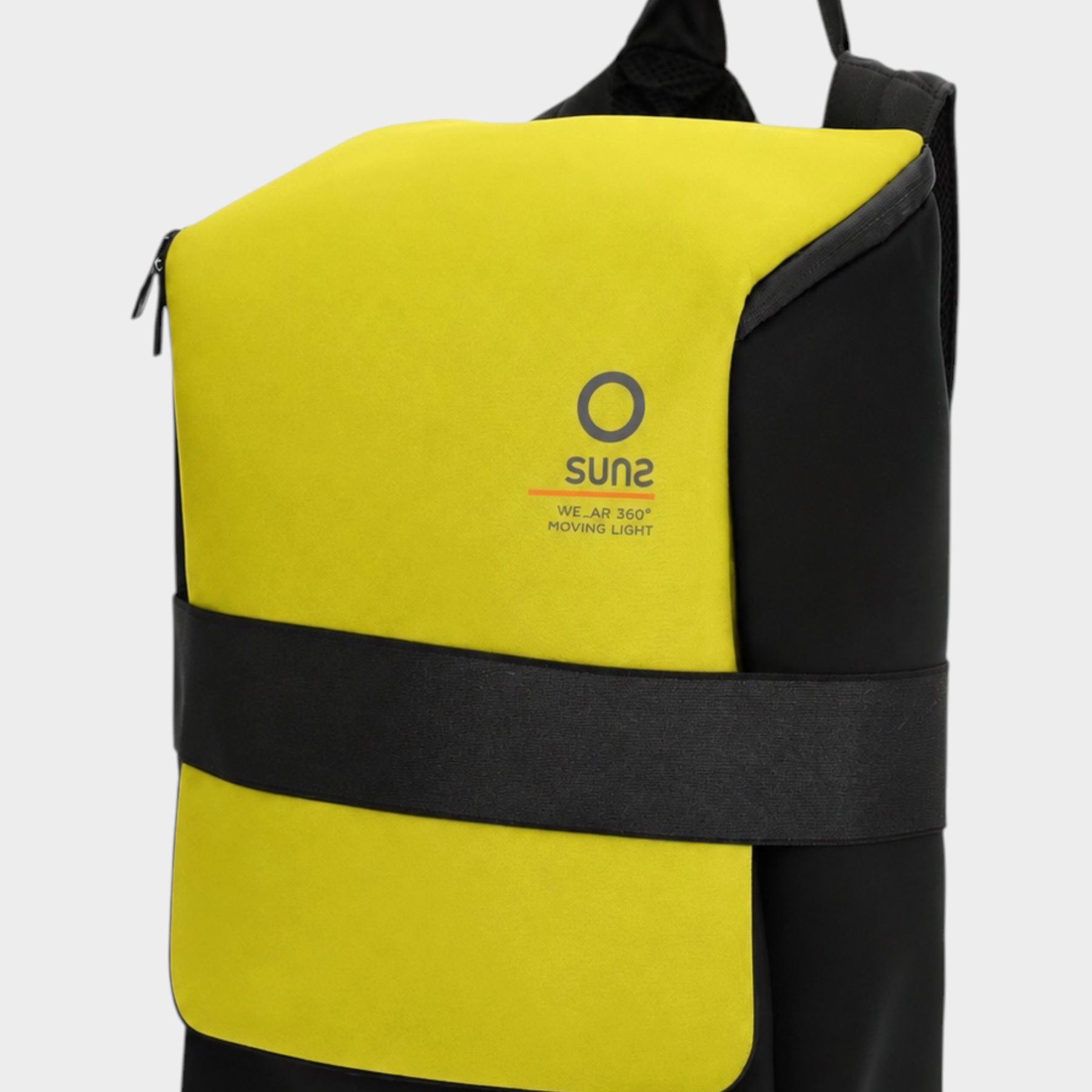Zaino medium Follower SRL in neoprene giallo e nero con logo SUNS BOARDS e fascia frontale