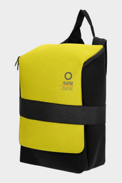 Zaino medium Follower SRL in neoprene giallo e nero con logo SUNS BOARDS e fascia frontale