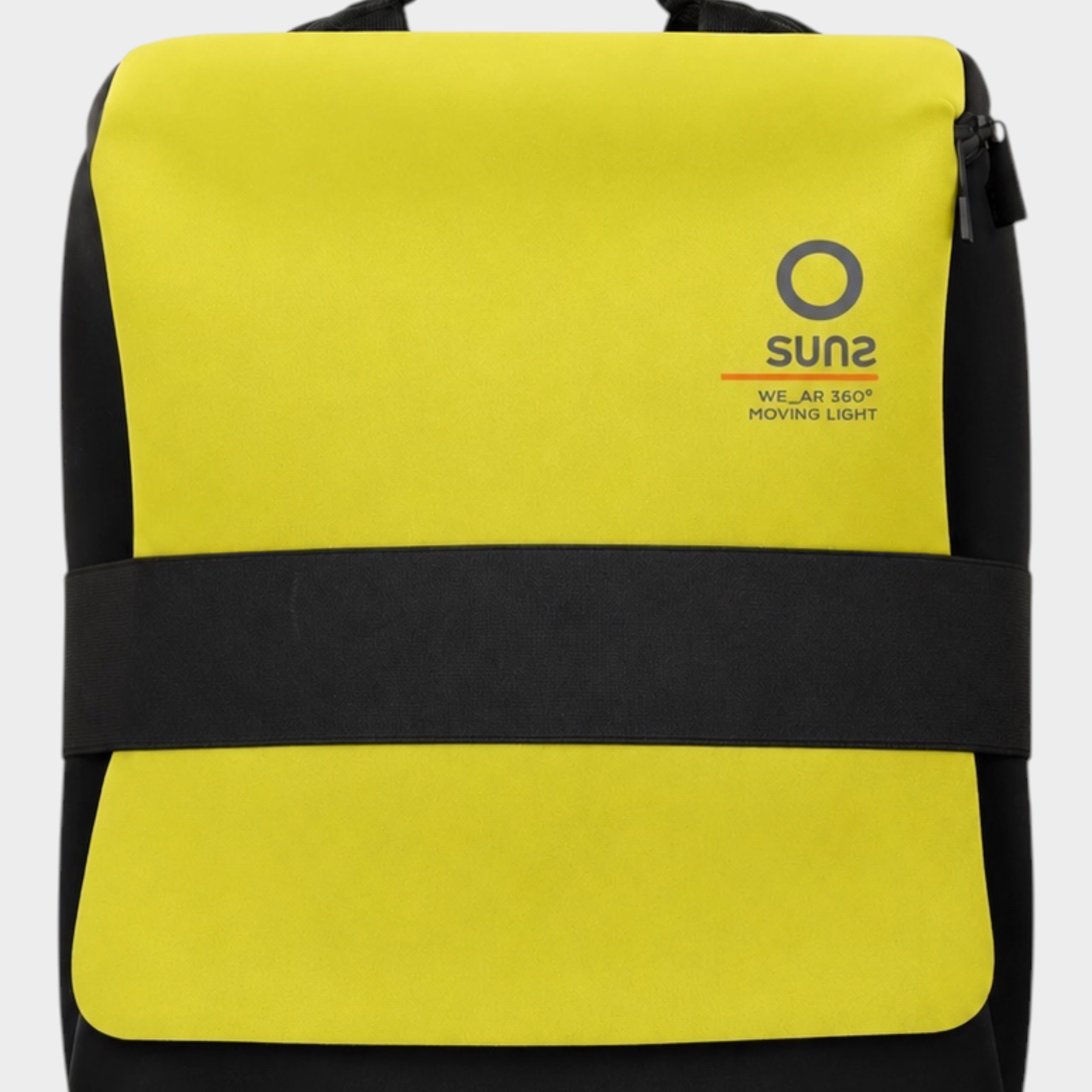 Zaino medium Follower SRL in neoprene giallo e nero con logo SUNS BOARDS frontale, design unisex moderno.