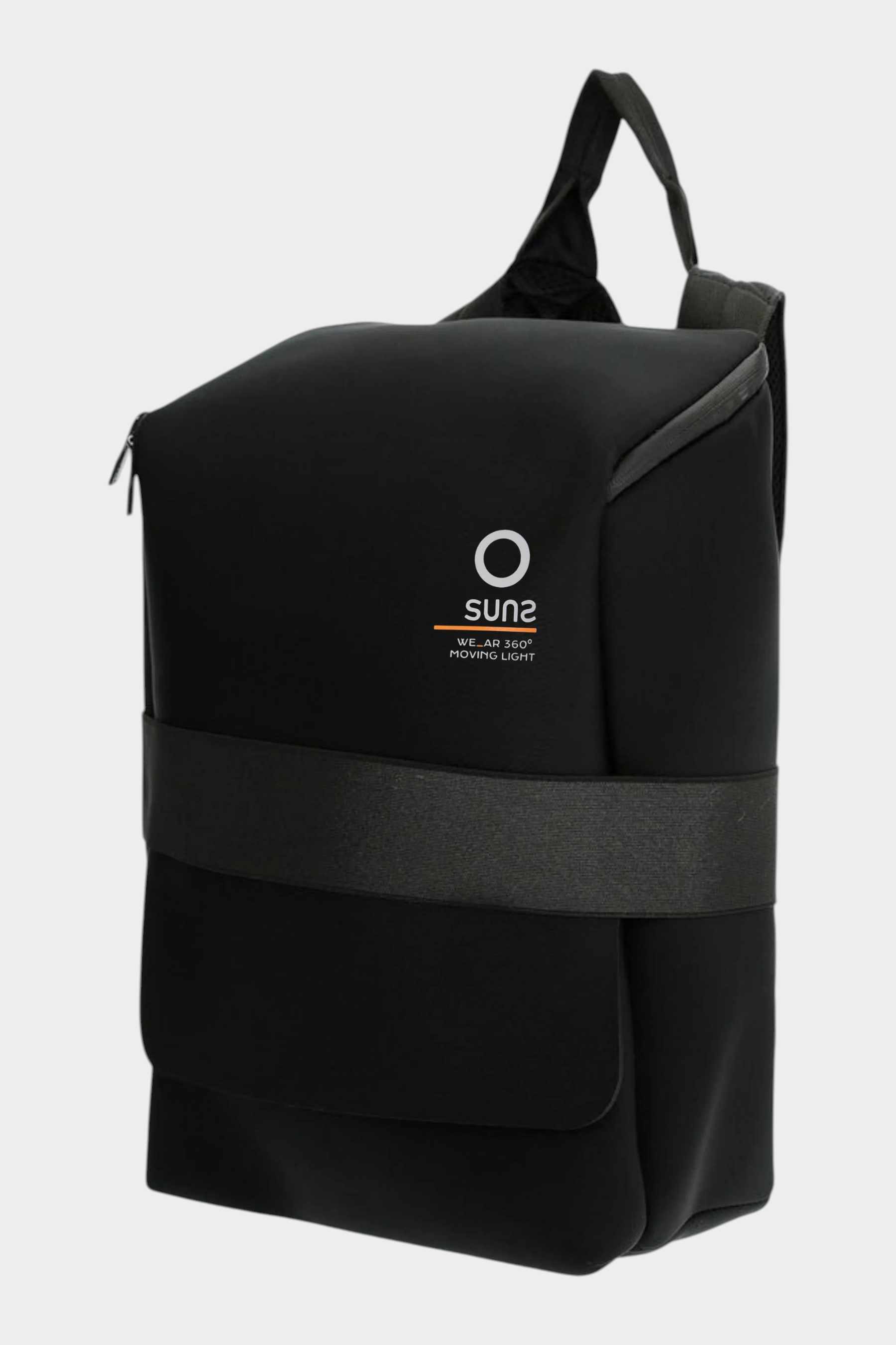 Zaino medium Follower SRL in neoprene nero con logo SUNS BOARDS e fascia frontale, design unisex minimalista