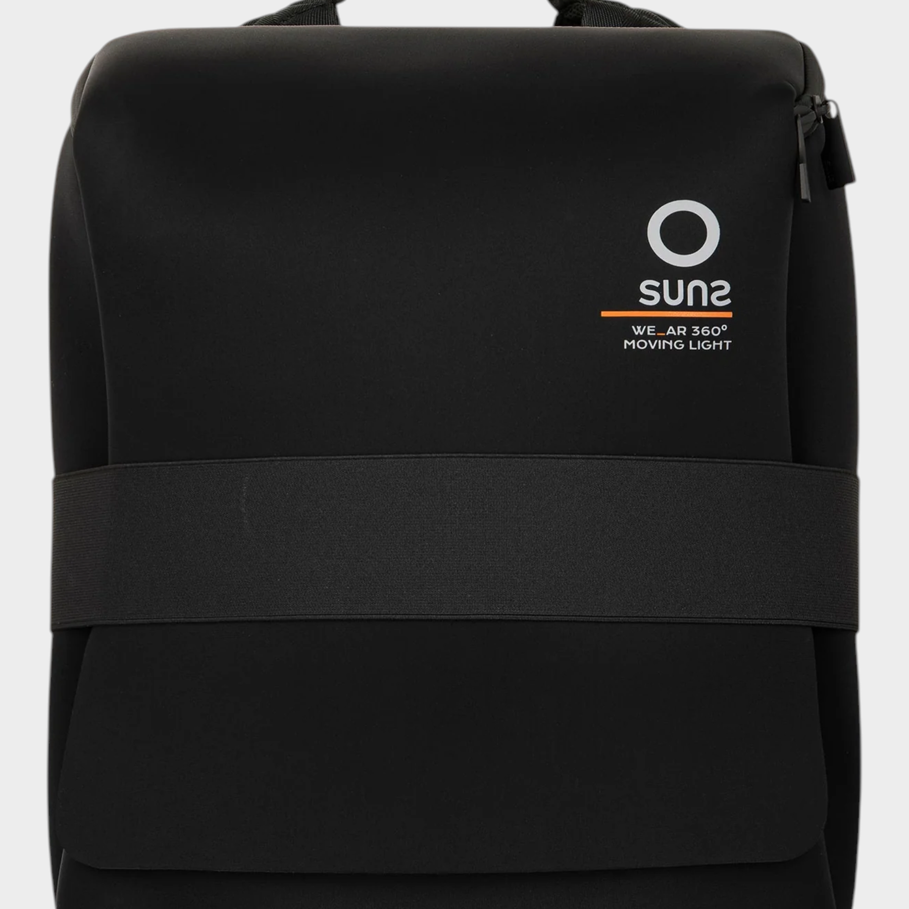 Zaino medium Follower SRL in neoprene nero con logo SUNS BOARDS frontale e fascia elastica orizzontale
