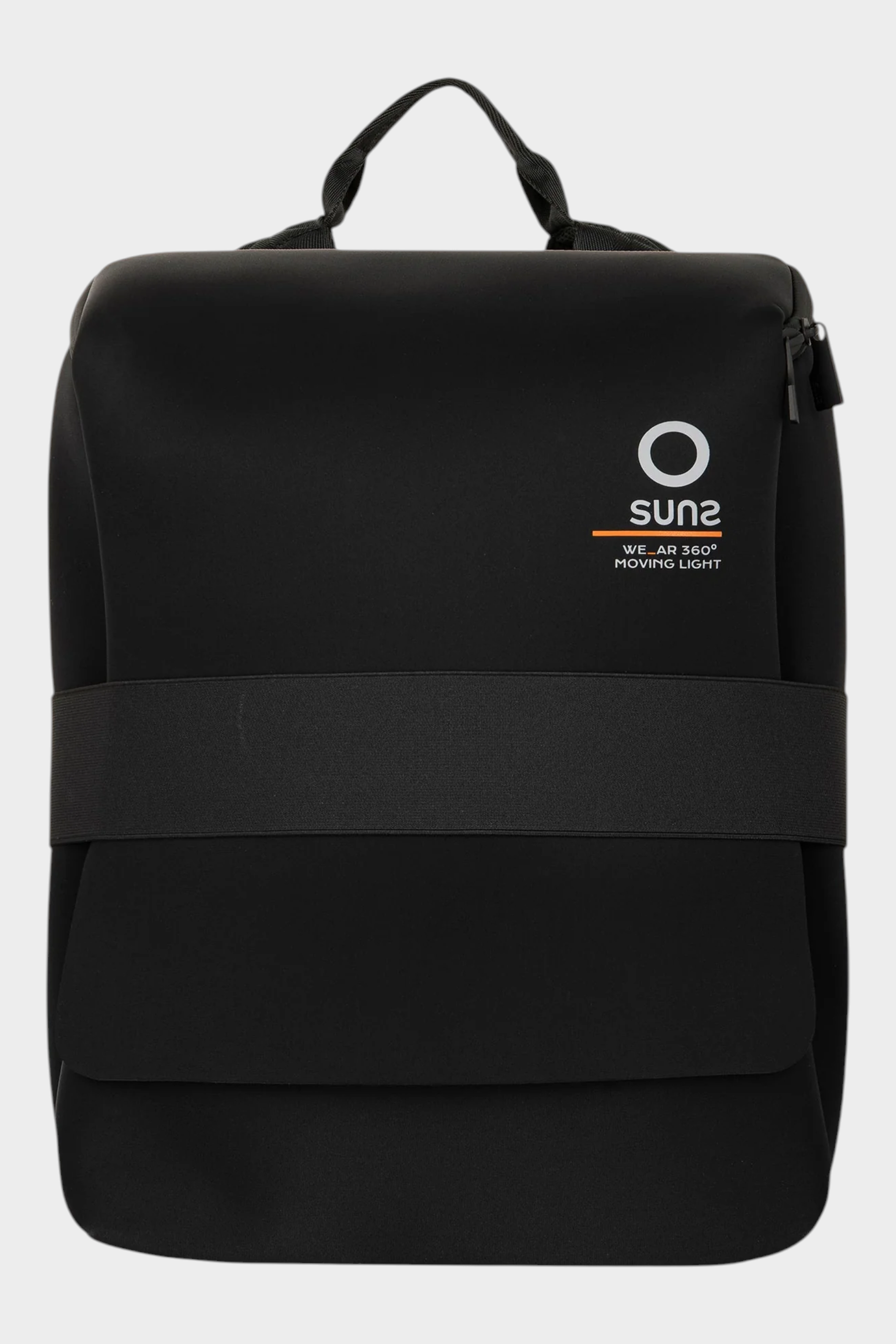 Zaino medium Follower SRL in neoprene nero con logo SUNS BOARDS frontale e fascia elastica orizzontale