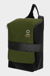 Zaino medium Follower SRL in neoprene verde e nero con logo SUNS BOARDS e fascia frontale