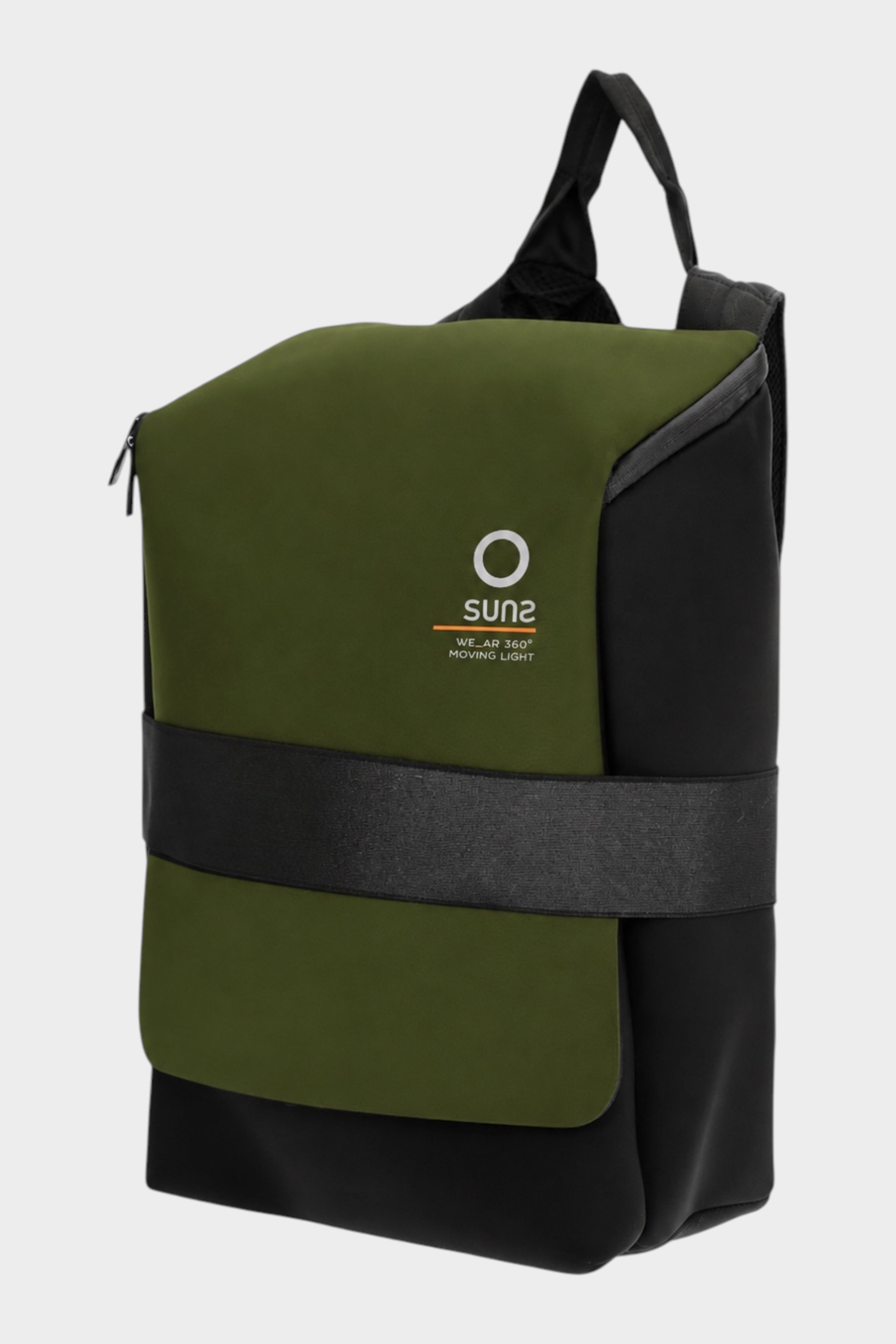 Zaino medium Follower SRL in neoprene verde e nero con logo SUNS BOARDS e fascia frontale