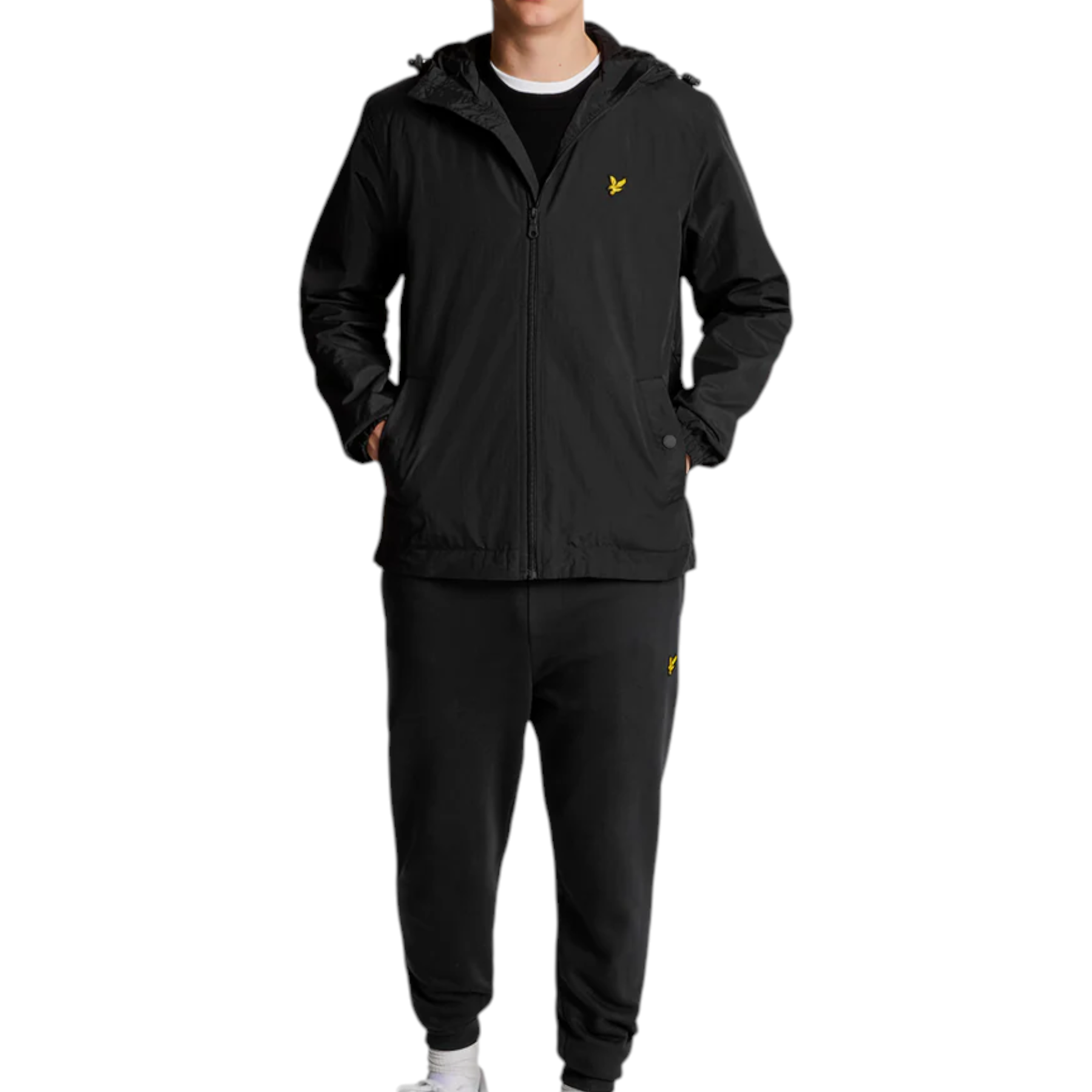 Giacca con cappuccio uomo blu lyle e scott in tessuto tecnico con logo uccellino giallo sul petto