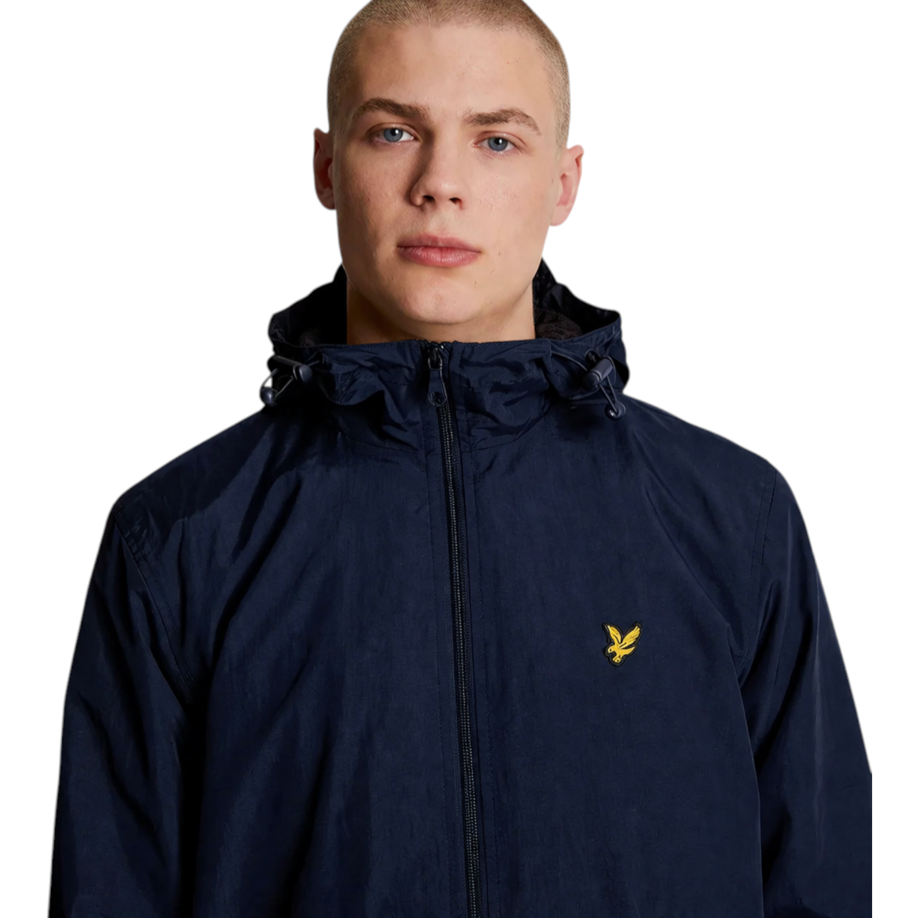 Giacca con cappuccio uomo nero lyle e scott in navy blue con logo uccello giallo sul petto in tessuto tecnico