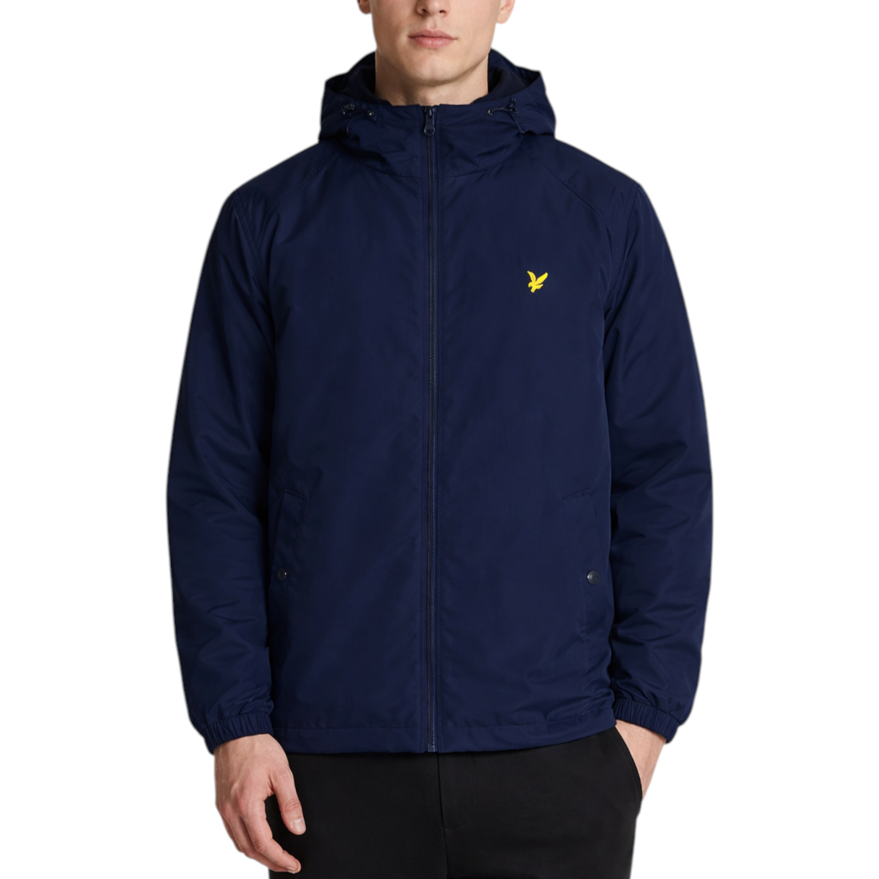 Giacca con cappuccio uomo nero lyle e scott in navy blu con logo uccellino giallo sul petto sinistro