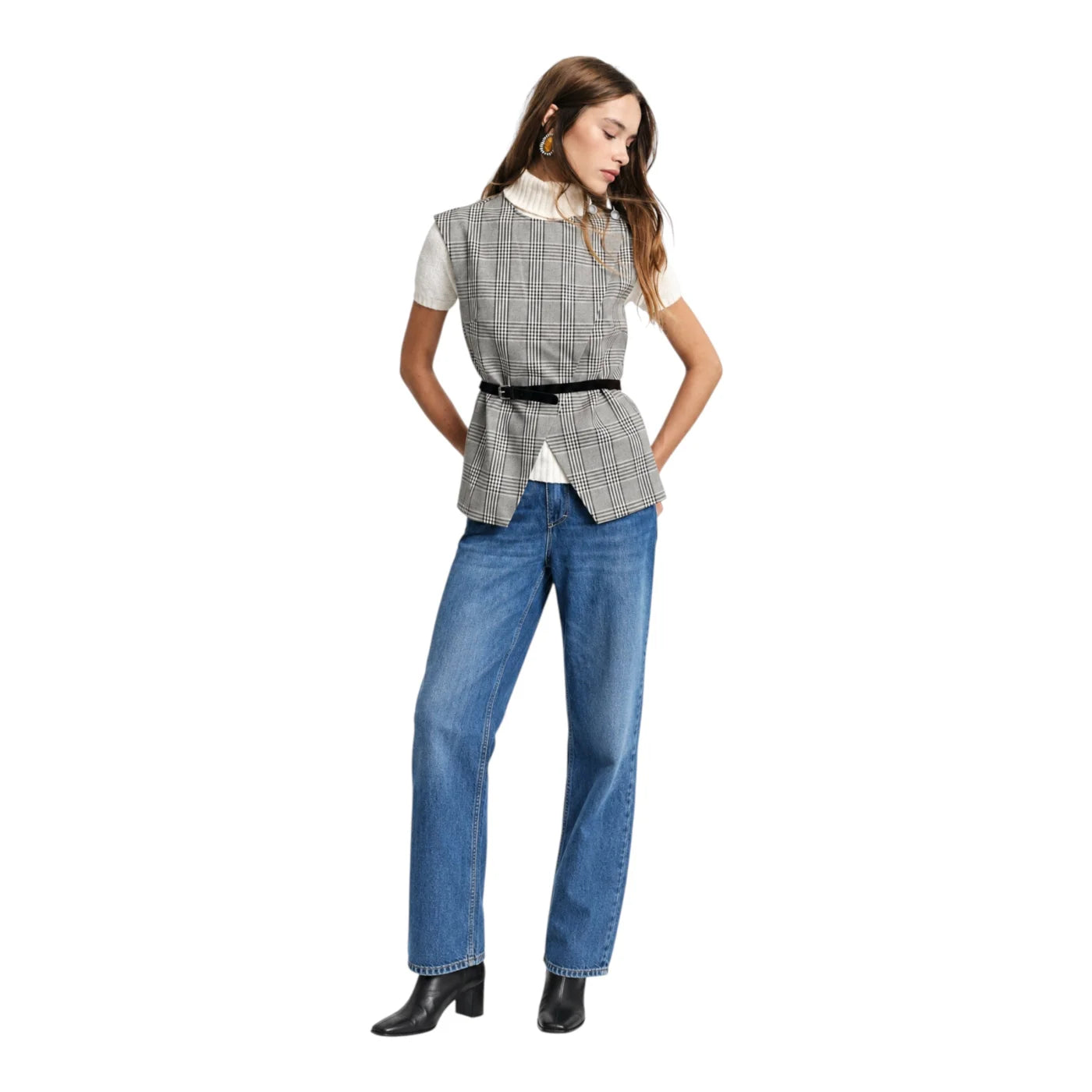 Gilet scozzese con cintura sottile e zip donna grigio please