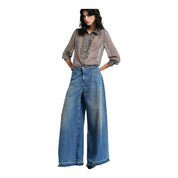 Jeans a gamba ampia con fondo sfrangiato donna blu please