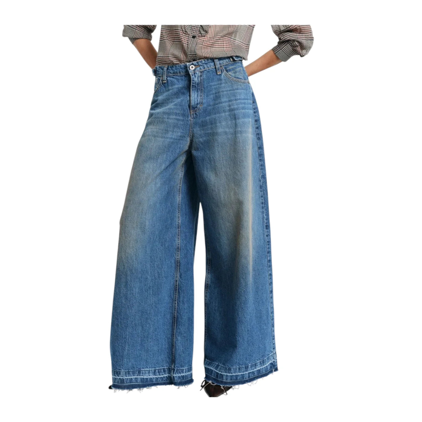 Jeans a gamba ampia con fondo sfrangiato donna blu please