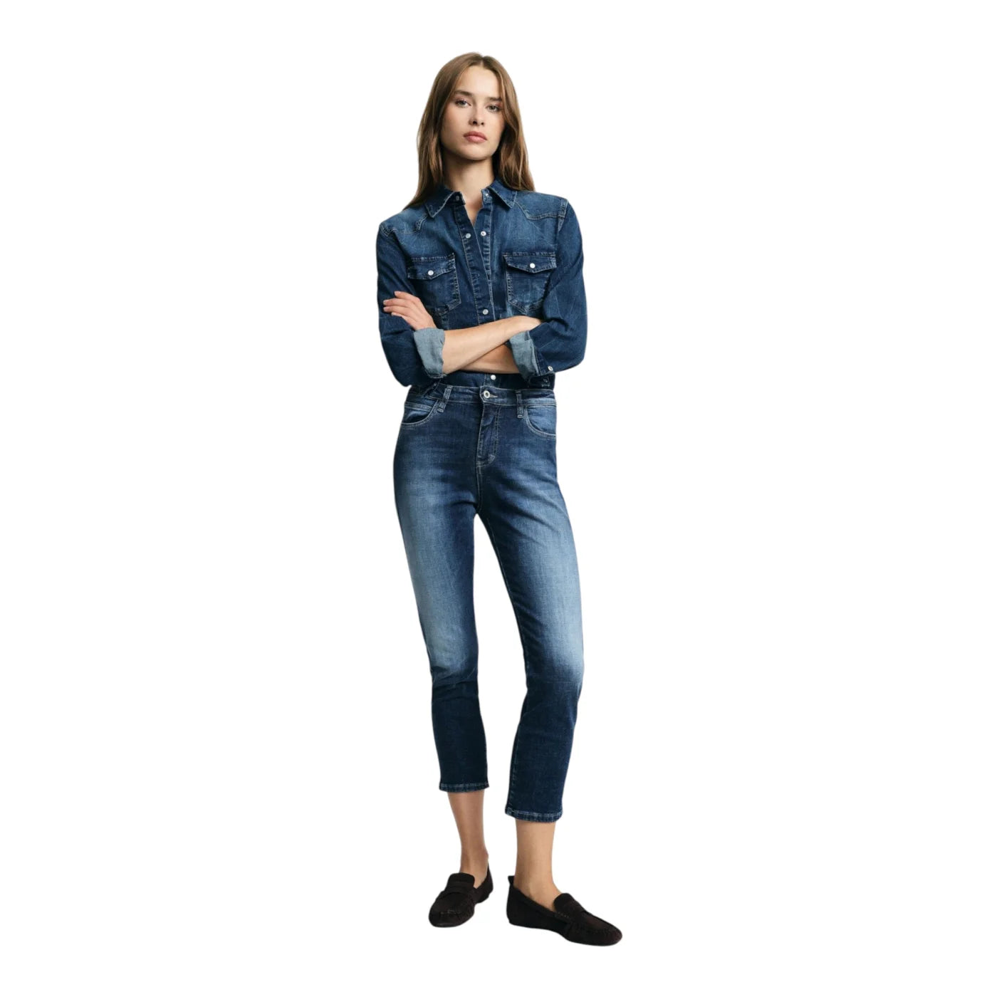 Jeans cropped vita alta donna blu please
