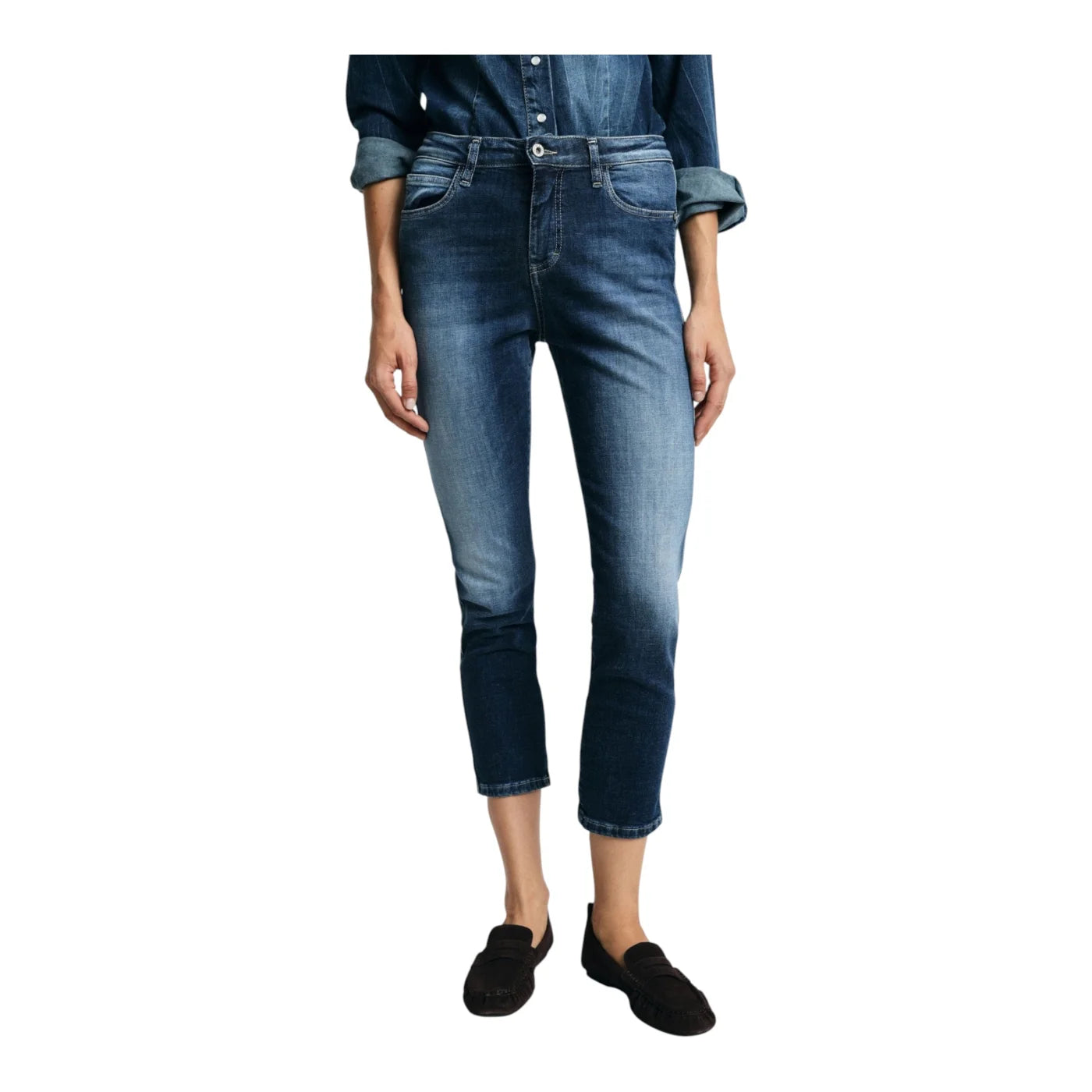 Jeans cropped vita alta donna blu please