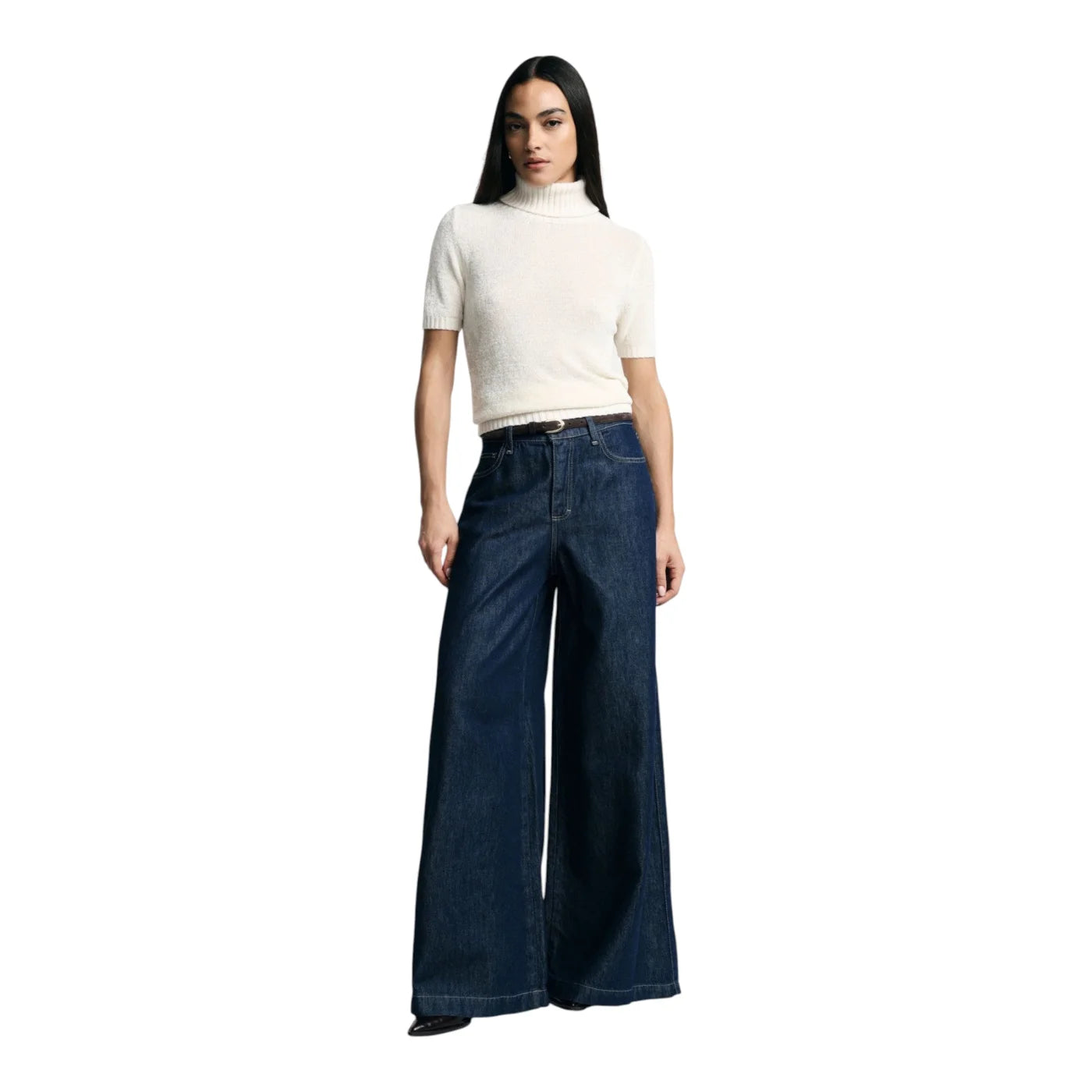 Jeans scuri a gamba molto ampia vita media donna blu please