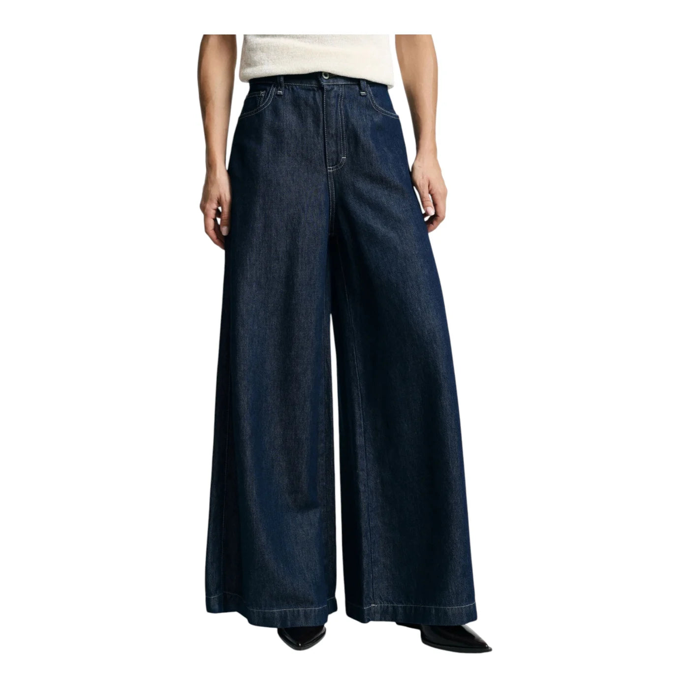 Jeans scuri a gamba molto ampia vita media donna blu please