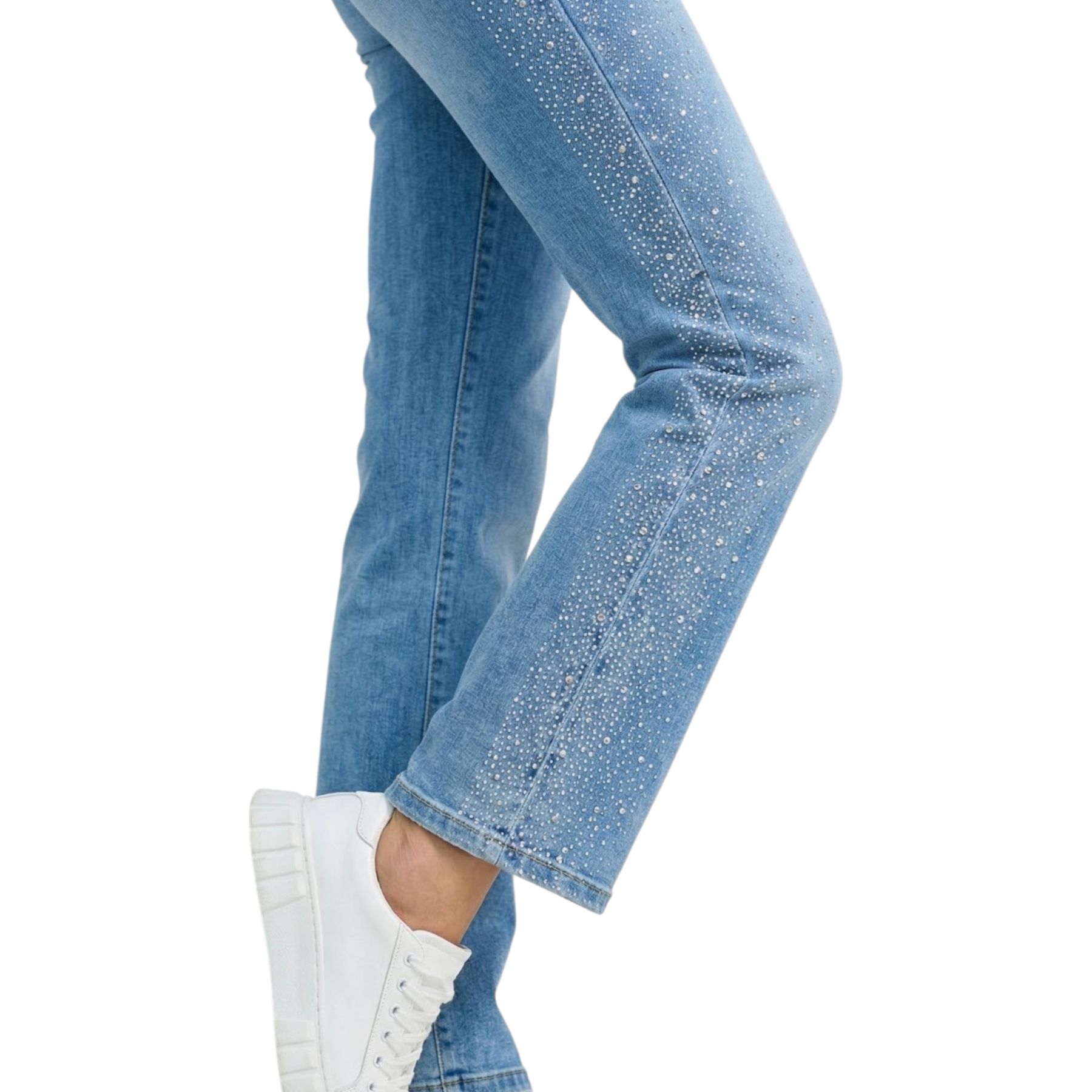Jeans straight con strass donna blu PDK in denim chiaro con strass argento scintillanti lungo la gamba esterna