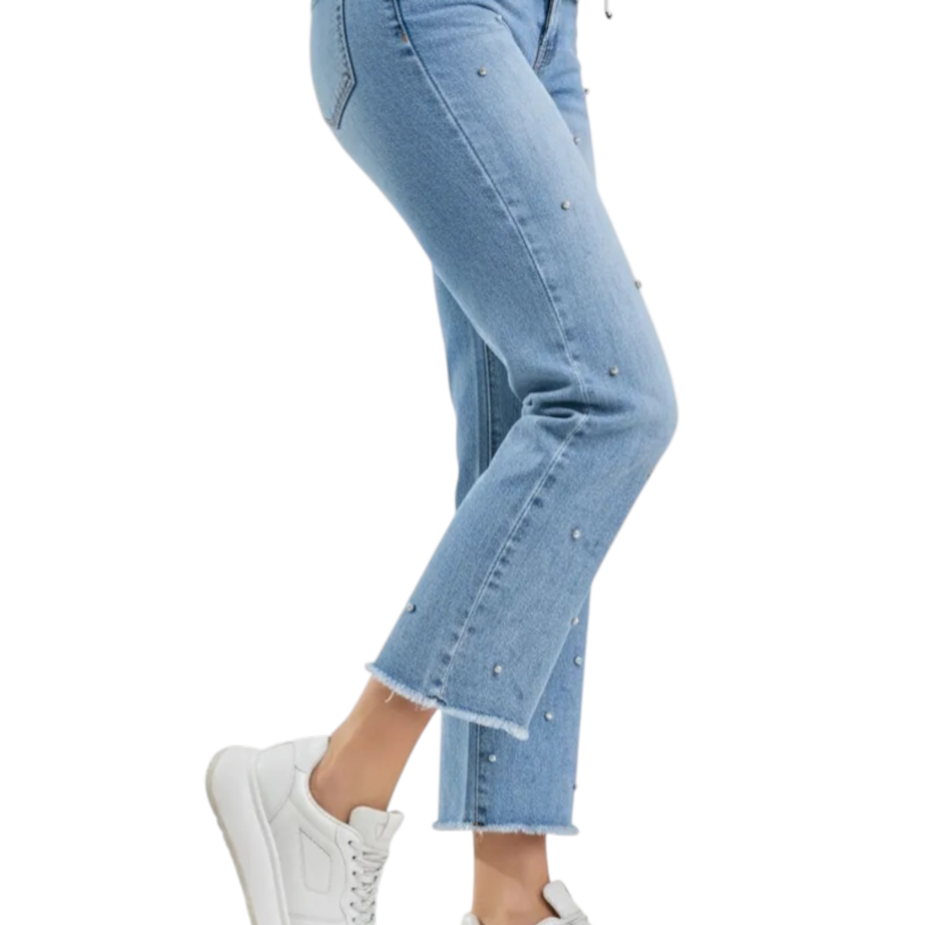 Jeans straight con strass donna blu pdk in denim chiaro con perline lungo le gambe e orlo sfrangiato