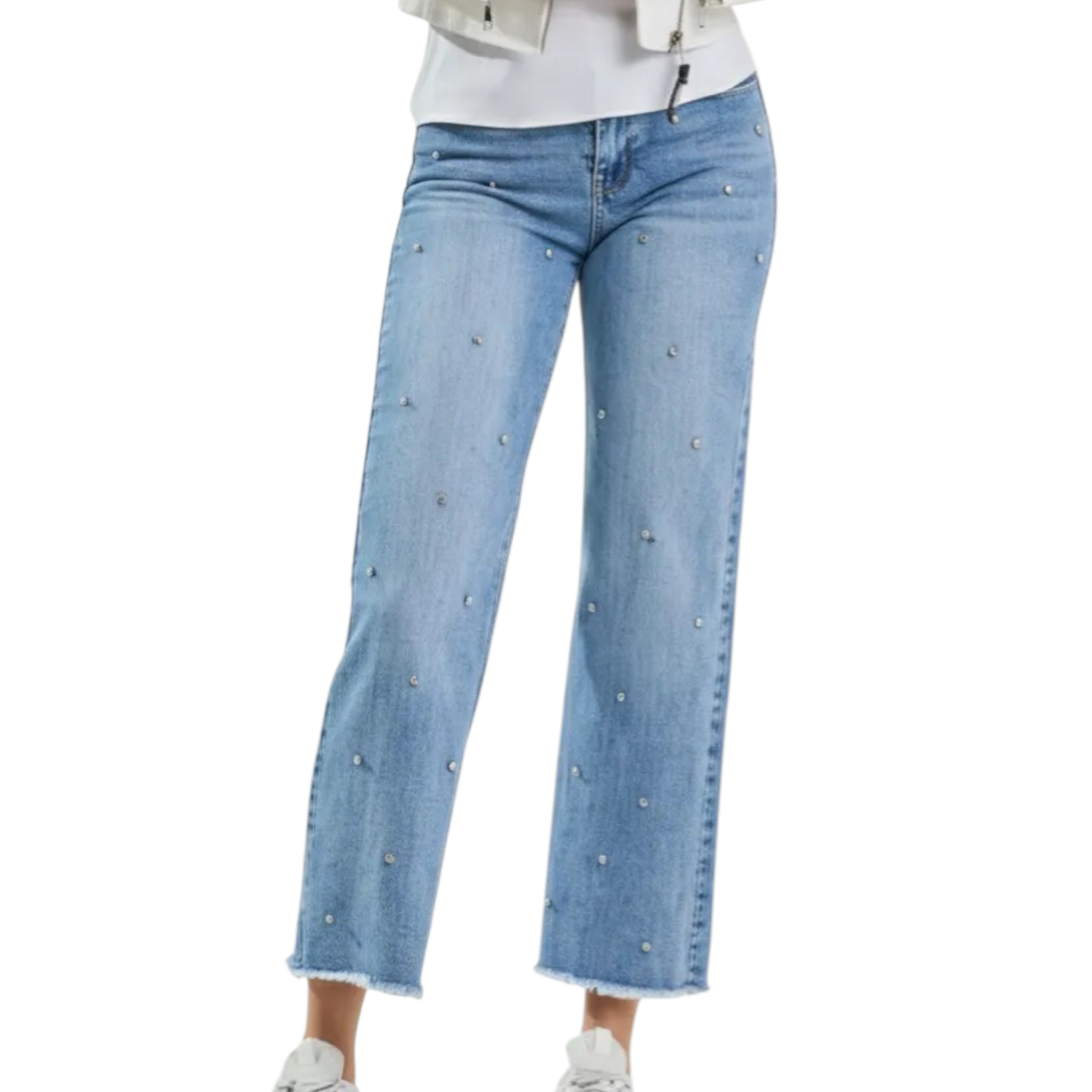 Jeans starght con strass donna blu pdk in denim chiaro con perline sottili lungo le gambe e orlo sfilacciato
