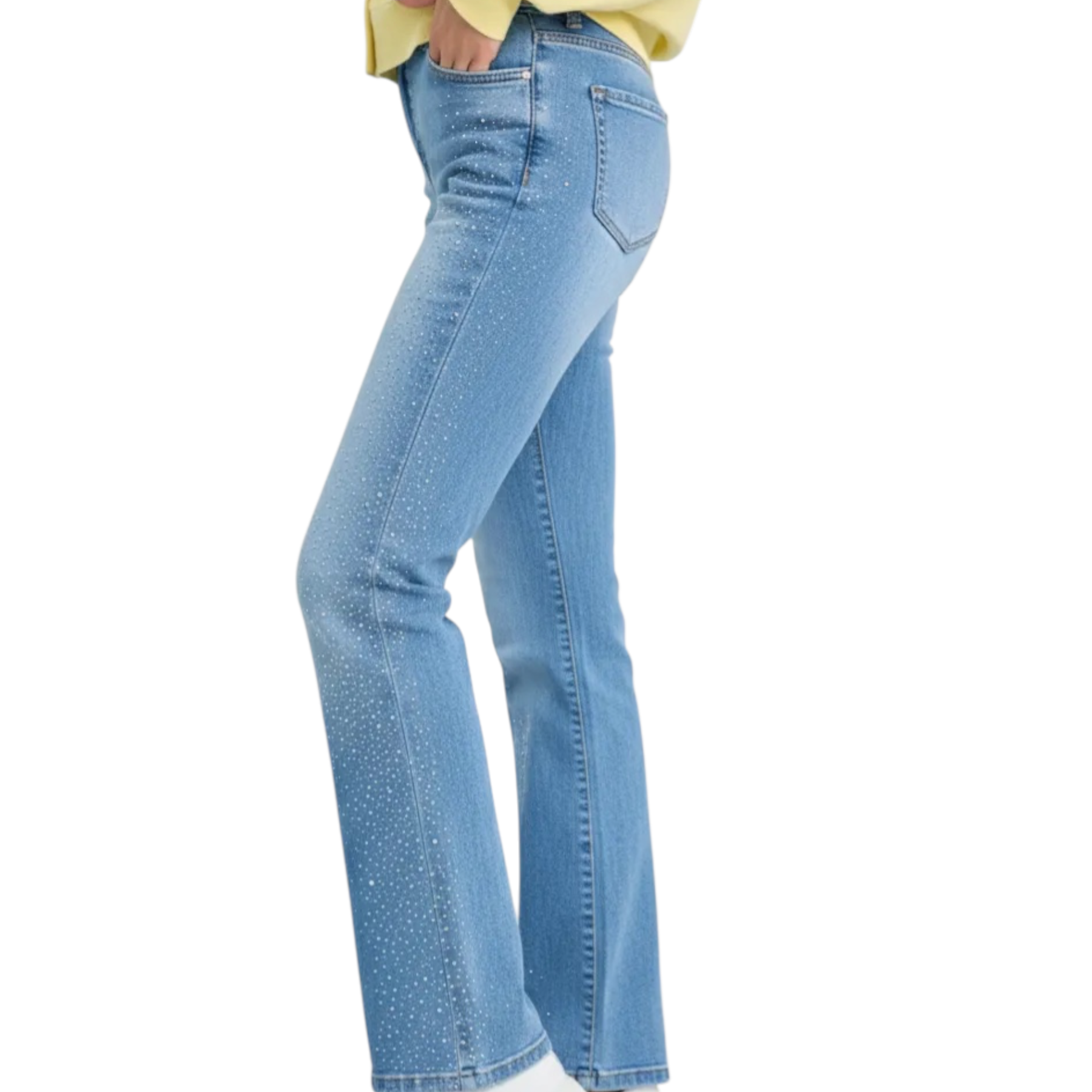 Jeans donna blu pdk in denim chiaro a zampa con strass e glitterati sottili per un look elegante