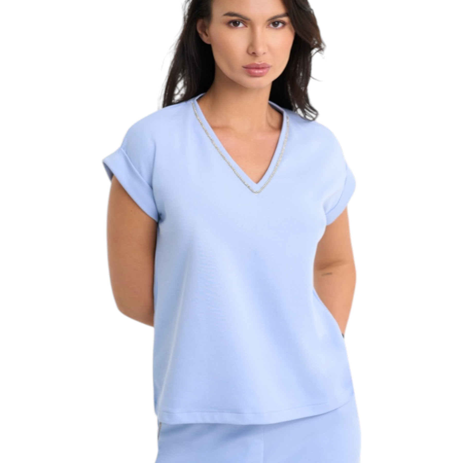 Maglia smanicata donna celeste pdk con scollo a v e bordo sottile tono su tono sul collo