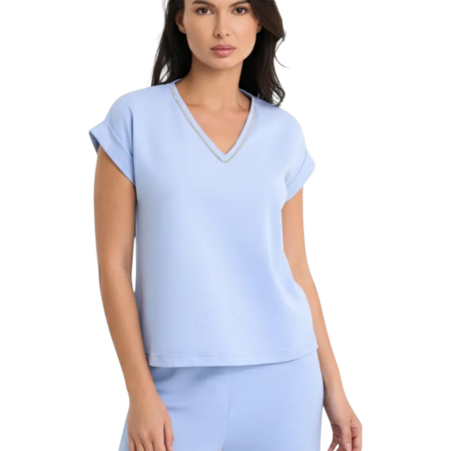 Maglia smanicata donna celeste pdk con scollo a v manica corta e tessuto morbido e liscio